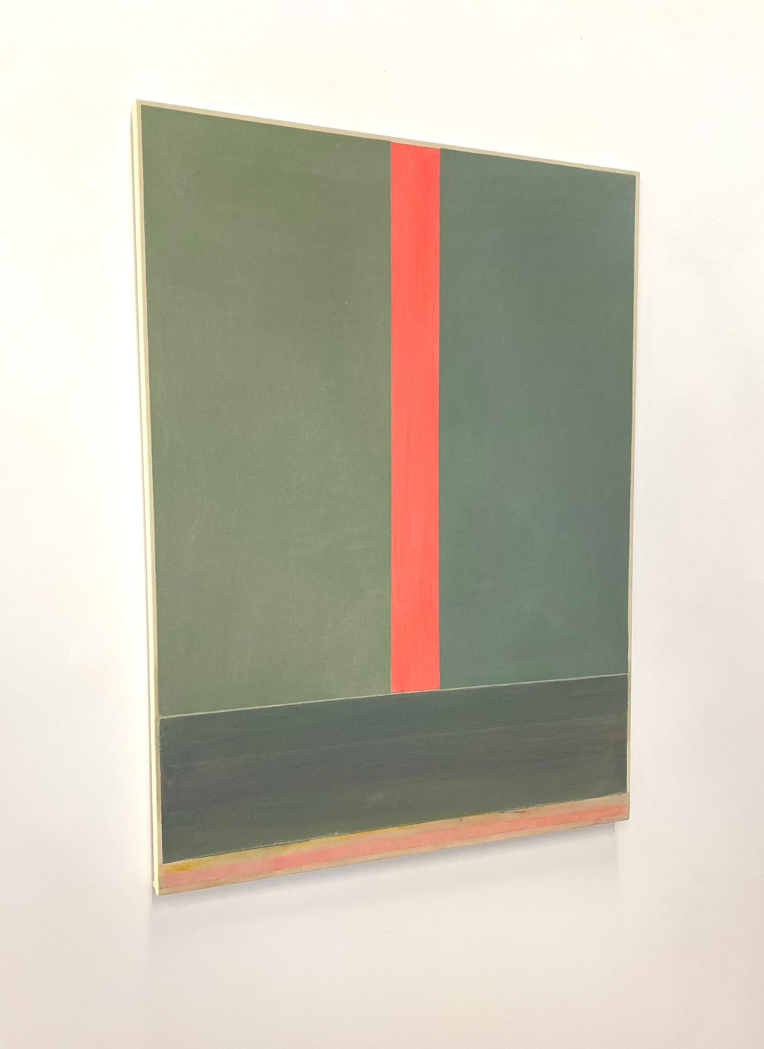 PG 17, Coral Red Stripe, Light Green, Dark Sage - Gray Abstract Painting by Elizabeth Gourlay