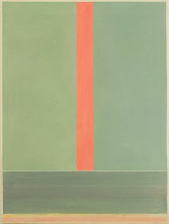 PG 17, Vertical Abstract Painting Coral Red Stripe on Light Green, Dark Sage