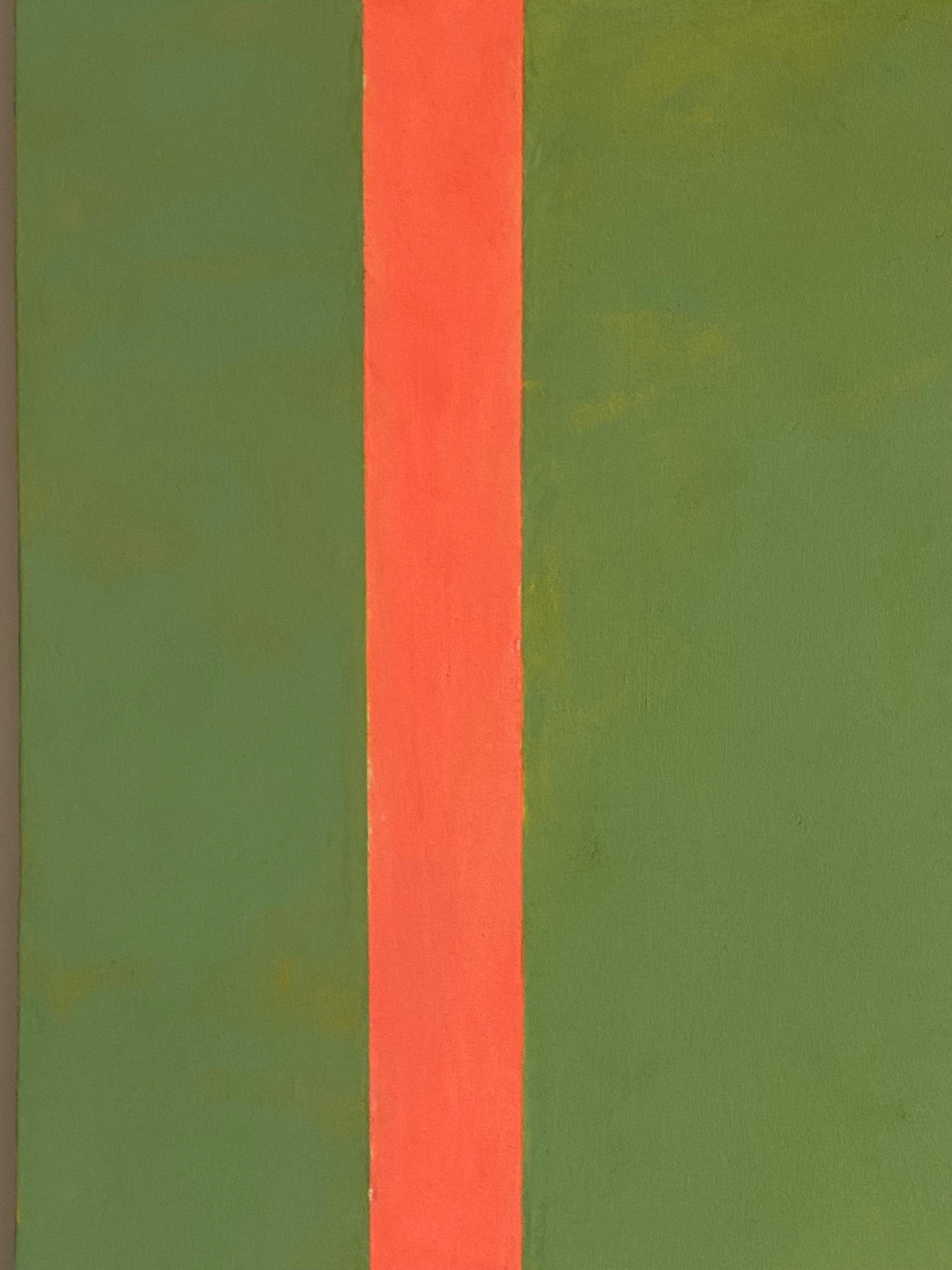 PG 18, Geometrisches abstraktes Gemälde, Grün, Koralle Orange, Beige, geformtes Paneel 1