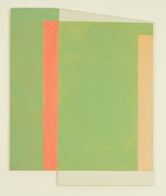 PG 18, Geometrisches abstraktes Gemälde, Grün, Koralle Orange, Beige, geformtes Paneel
