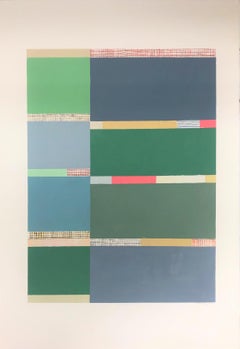 Pinepear, Vertical Abstract Painting on Paper in Green, Gray, Ochre Gold, Red