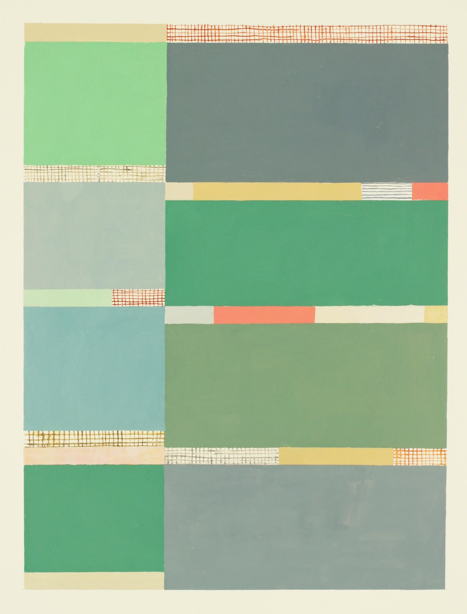 In this abstract painting in gouache, ink, and graphite on paper by Elizabeth Gourlay, clean and precise, carefully ordered blocks of color in shades of green, gray, golden yellow ochre, sage, light gray teal and dark coral are bright against the