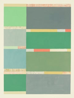 Pinepear, Vertical Abstract Painting on Paper in Green, Gray, Ochre Gold, Red 