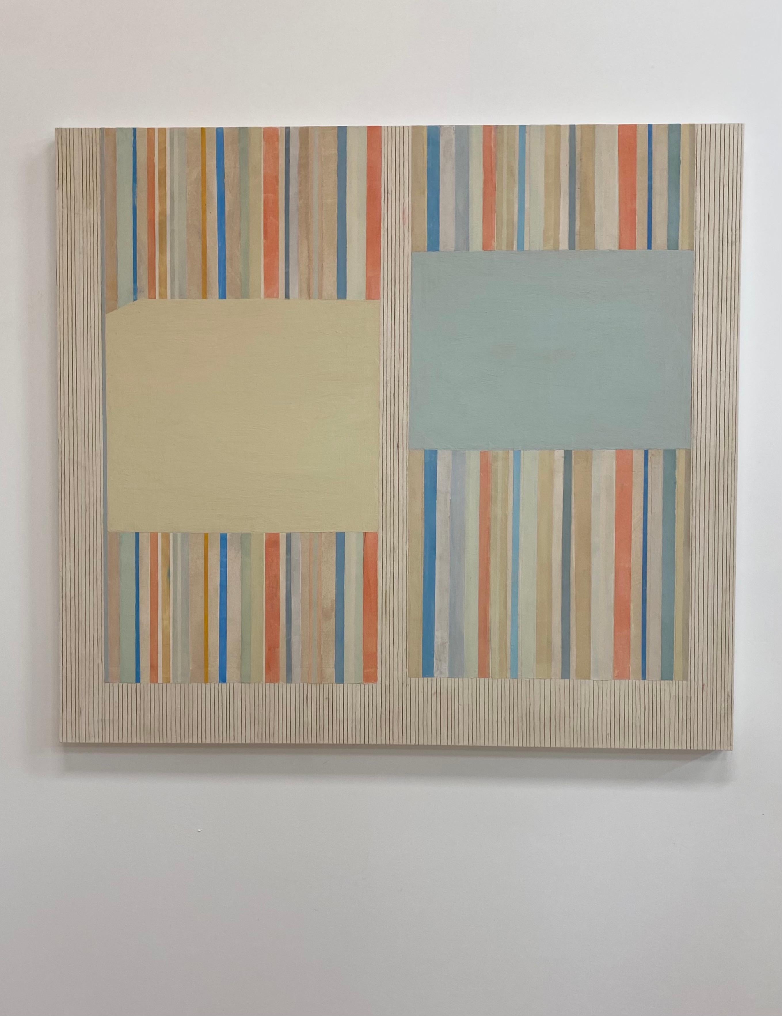 Primrose-gris, beige, orange, gris, bleu, jaune rayures géométriques abstraites - Painting de Elizabeth Gourlay