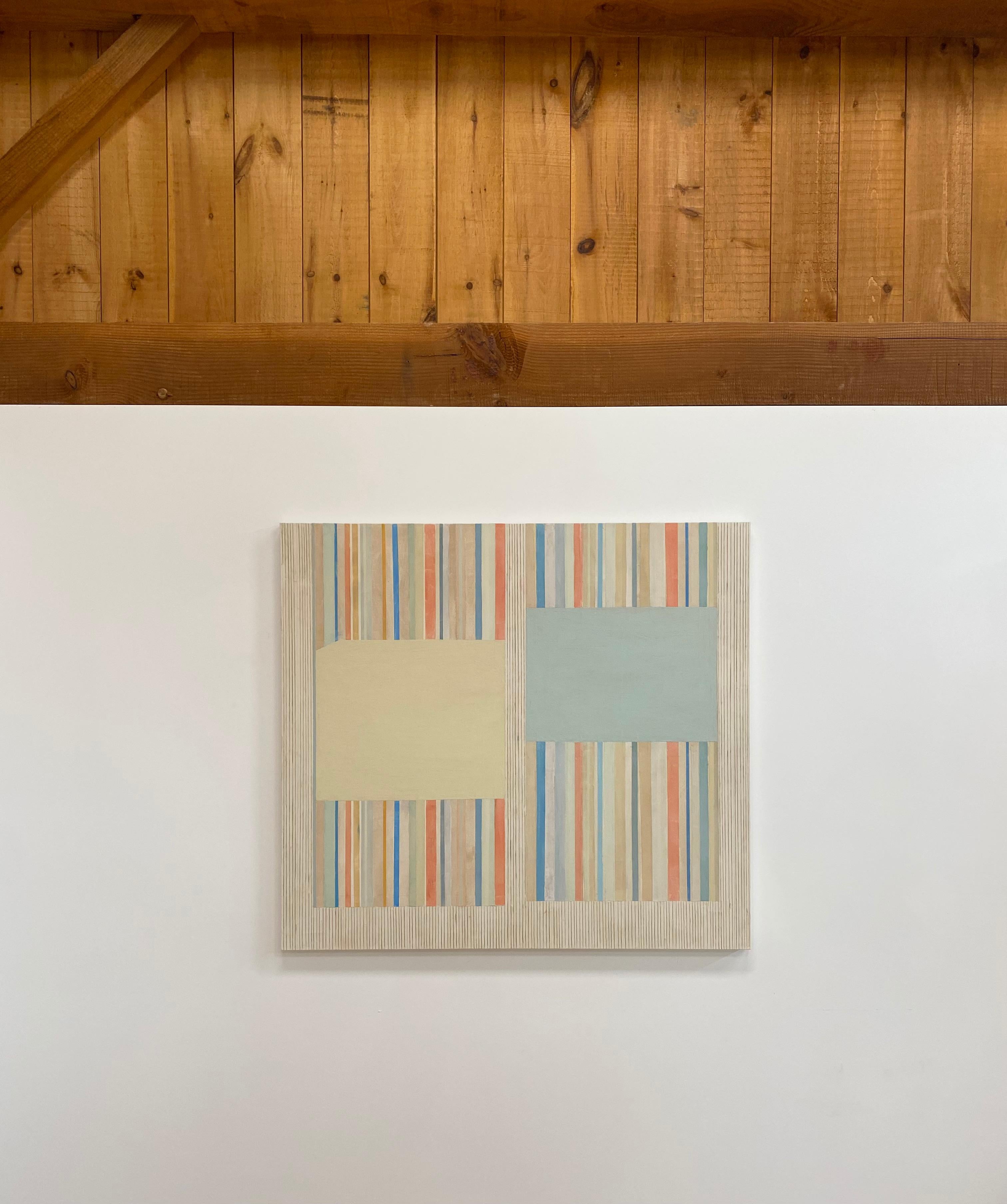 Primrose-gris, beige, orange, gris, bleu, jaune rayures géométriques abstraites - Contemporain Painting par Elizabeth Gourlay