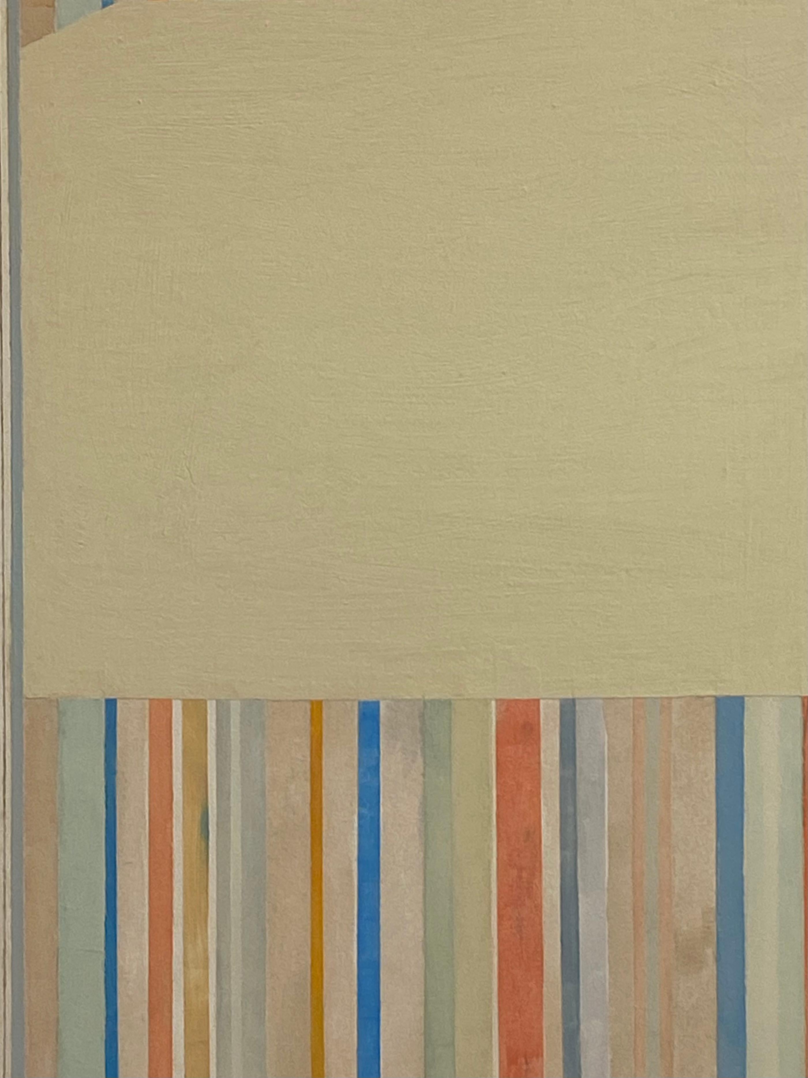 Clean and precise, carefully ordered stripes and blocks of color in orange, gray blue, pale yellow, blue and brown are lively and vibrant against the soft beige background. Signed, dated and titled on verso.

Elizabeth Gourlay’s work is a meditation