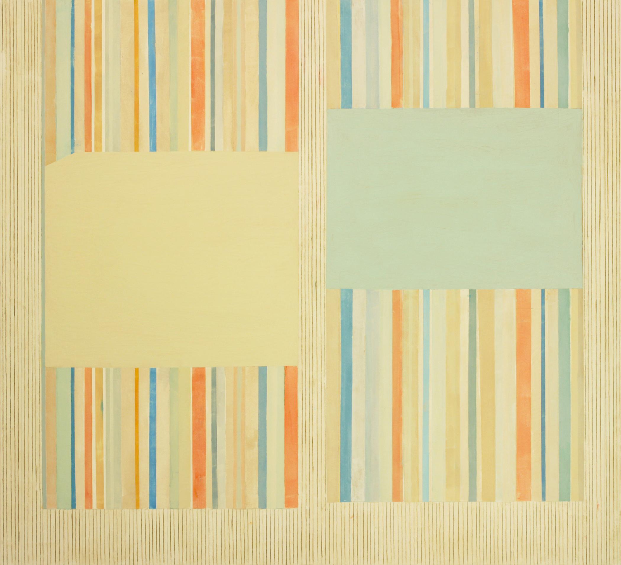 Abstract Painting Elizabeth Gourlay - Primrose-gris, beige, orange, gris, bleu, jaune rayures géométriques abstraites