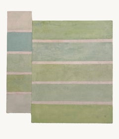 Q30, Abstract Painting, Stripes in Green, Teal, and Gray on Shaped Panel