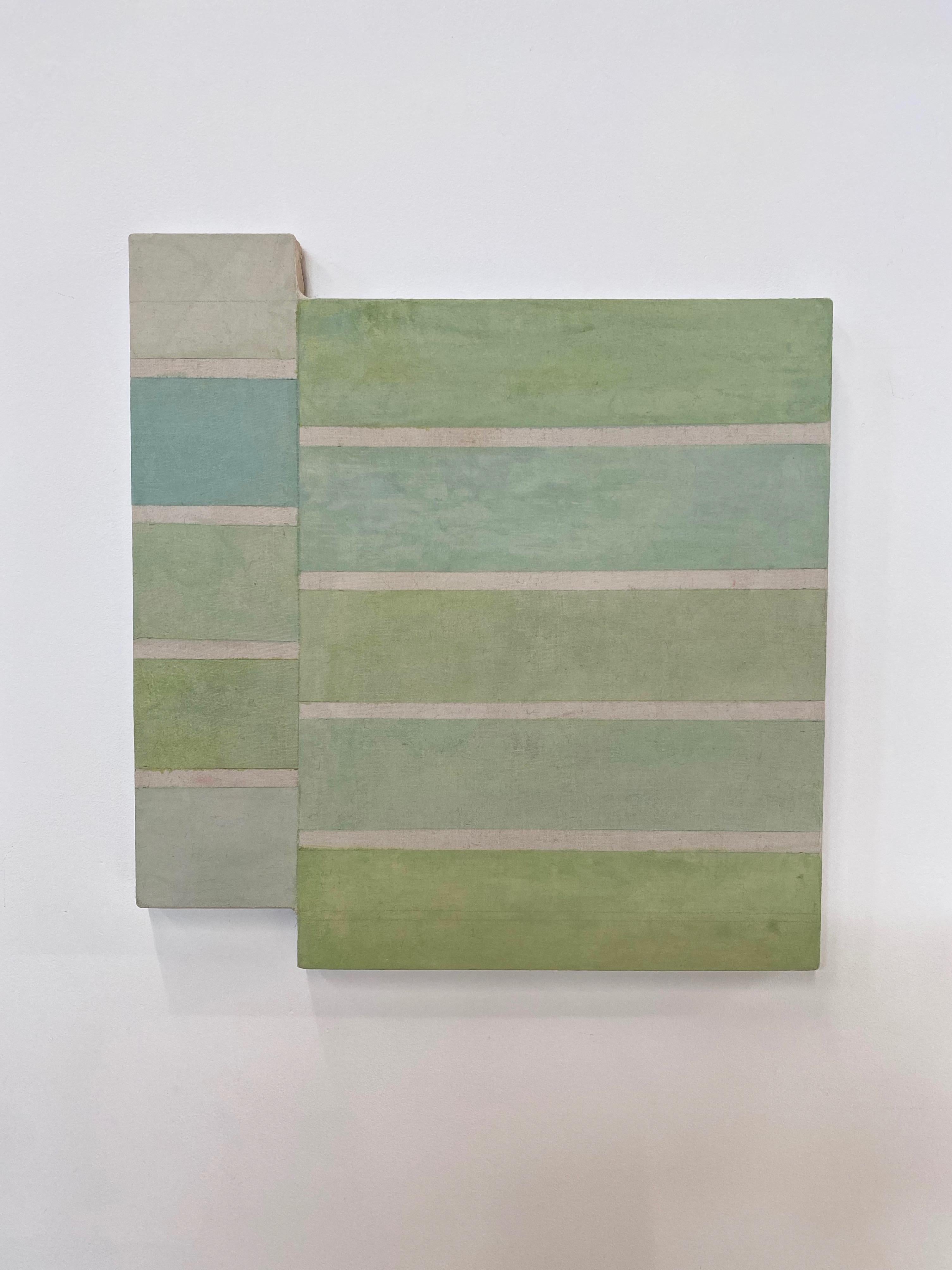Carefully ordered horizontal blocks of color in pale green, light teal blue and soft sage are luminous against thinner neutral sections of exposed beige linen in this acrylic painting on linen mounted on shaped panel. Signed, dated and titled on