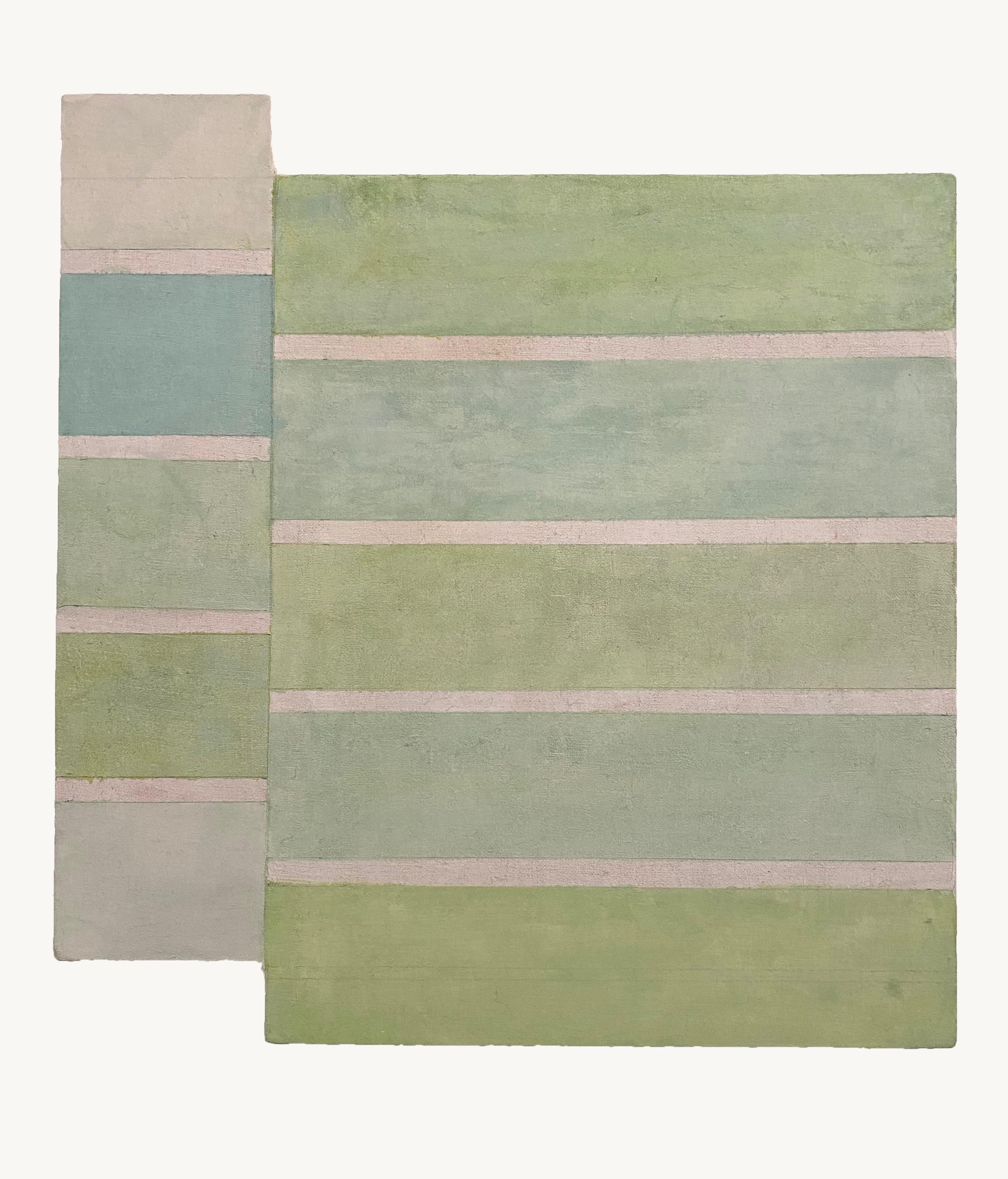 Elizabeth Gourlay Abstract Painting - Q30, Stripes, Sage Green, Teal, Gray, Geometric Abstract Shaped Panel Painting