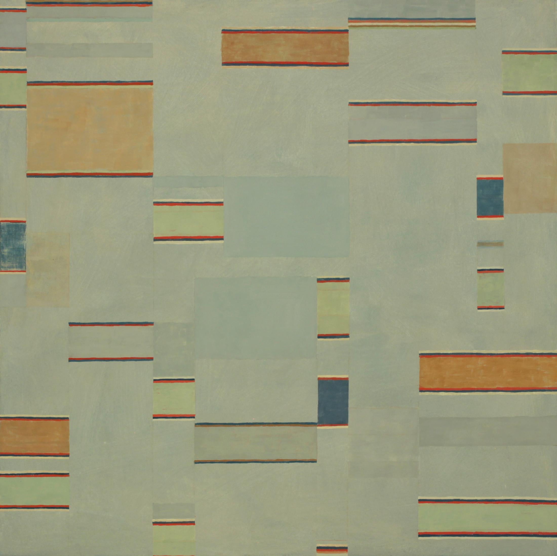 In this square abstract painting in flashe on canvas, clean and precise stripes and blocks of color in soft sage green, light mint green, dark gray blue are carefully ordered. Signed, dated and titled on verso.

Elizabeth Gourlay’s work is a