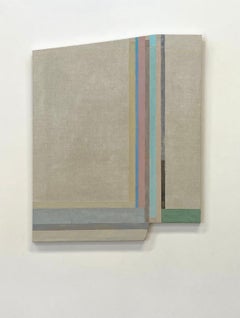 T30, Abstract Painting, Pink, Blue, Green, Yellow on Geometric Shaped Panel