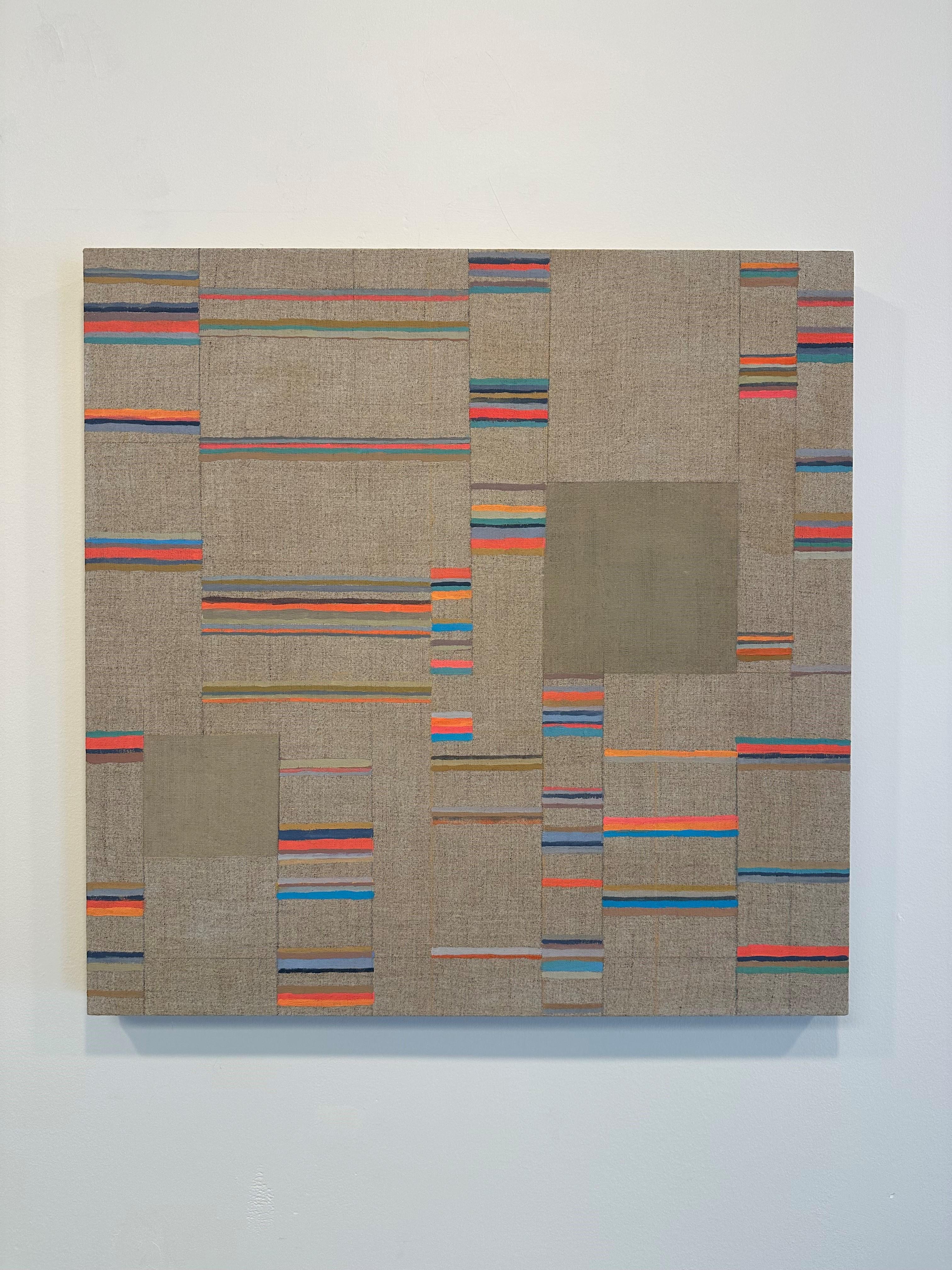 Tambura, Beige, Coral, Green, Brown, Olive, Teal Blue Stripes, Square - Painting by Elizabeth Gourlay
