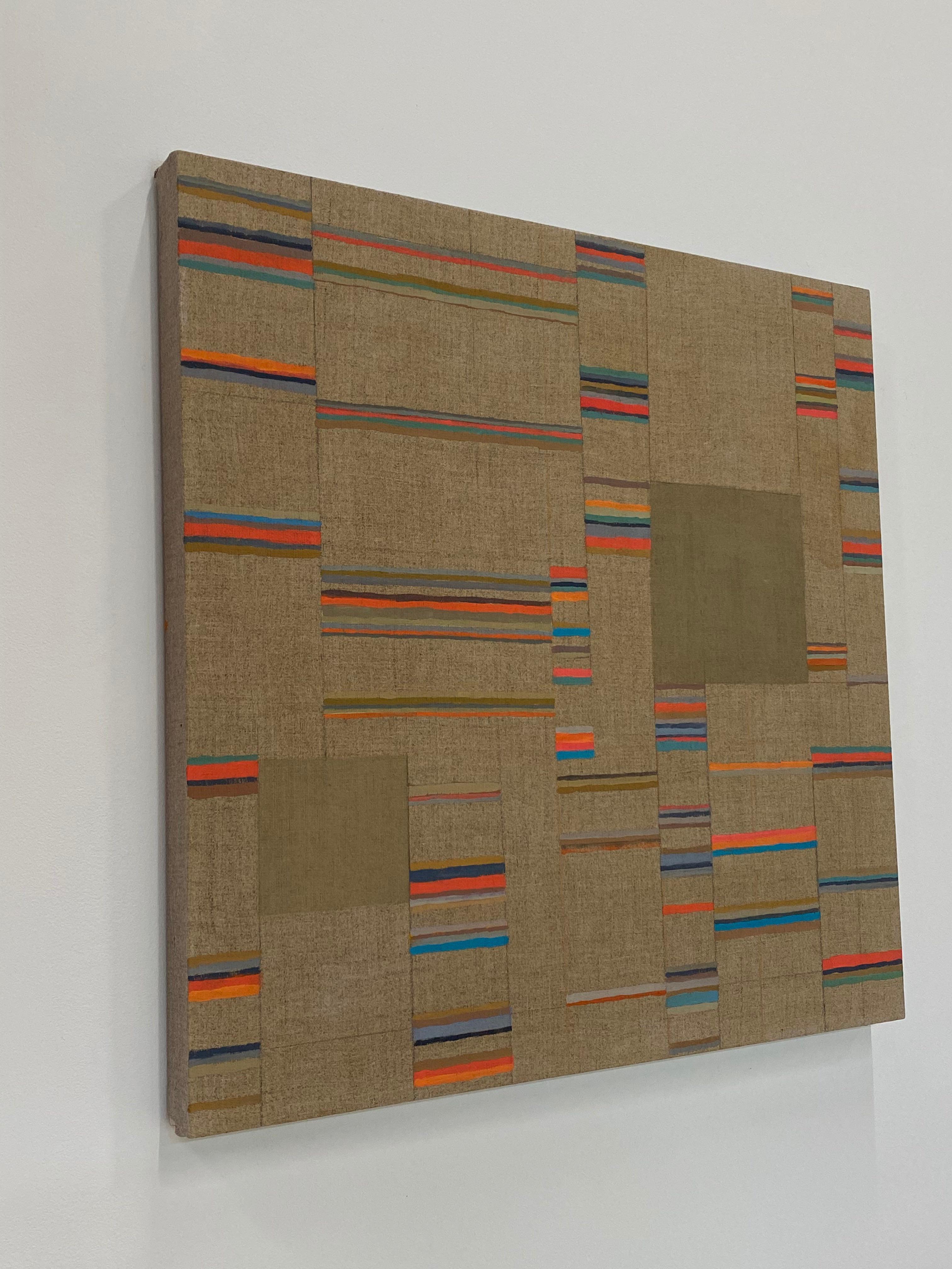 Carefully ordered stripes in shades of luminous peachy coral, olive brown, teal blue, ochre, apricot and blue are vibrant against a warm, earthy brown linen surface. Signed, dated and titled on verso.

Elizabeth Gourlay’s work is a meditation on