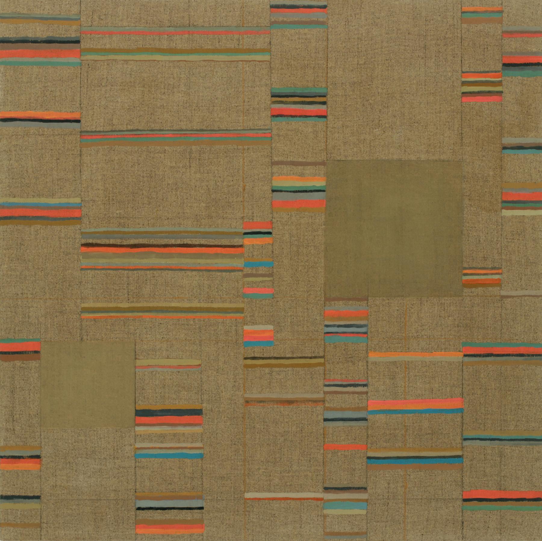 Elizabeth Gourlay Abstract Painting – Tambura, Beige, Koralle, Grün, Brown, Olive, Teal Blue Stripes, Quadratisch