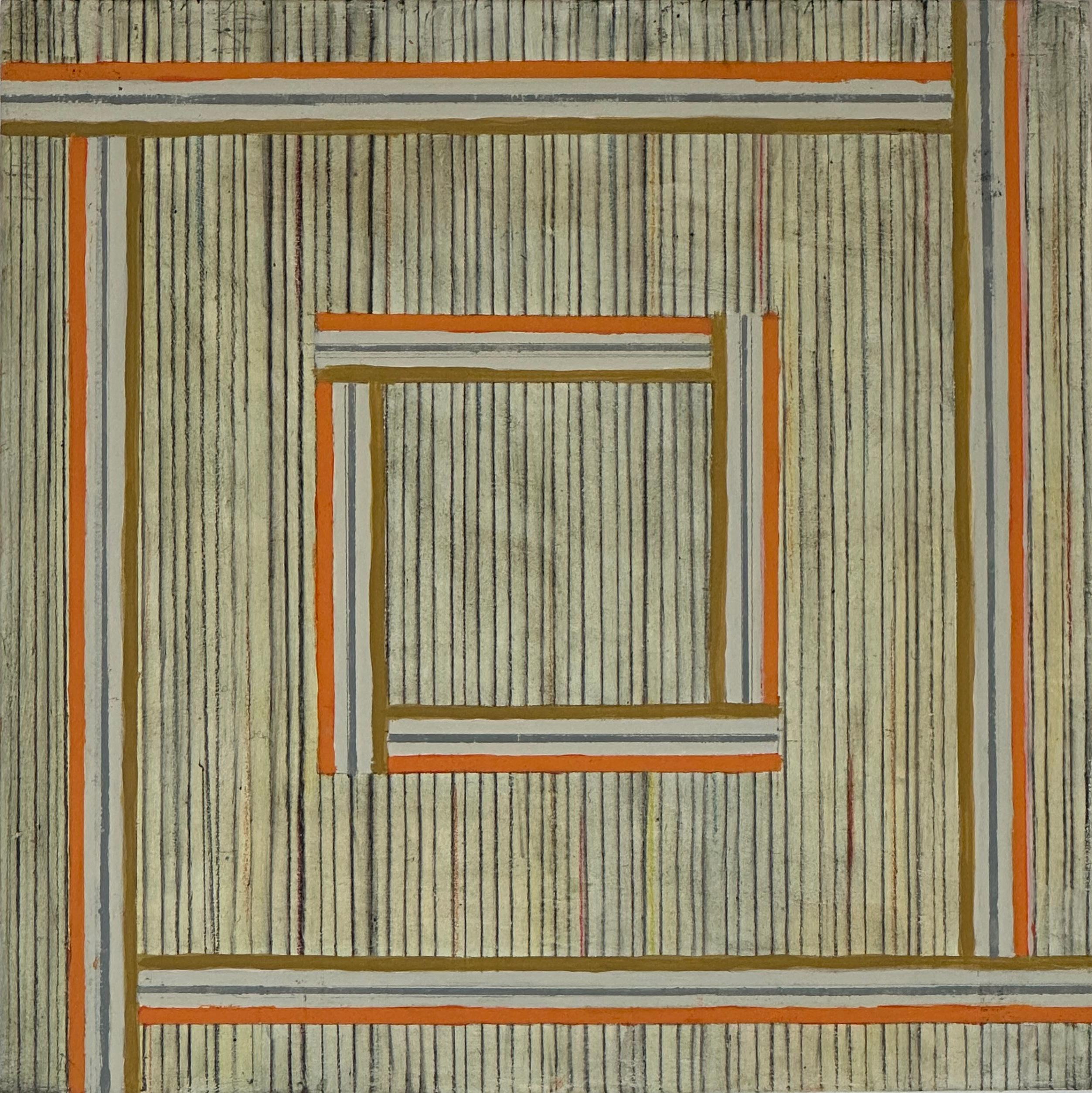 Abstract Painting di Elizabeth Gourlay - Tre Quattro Quattro - Beige Arancione Marrone Strisce Linee Geometriche Quadrato, 2014