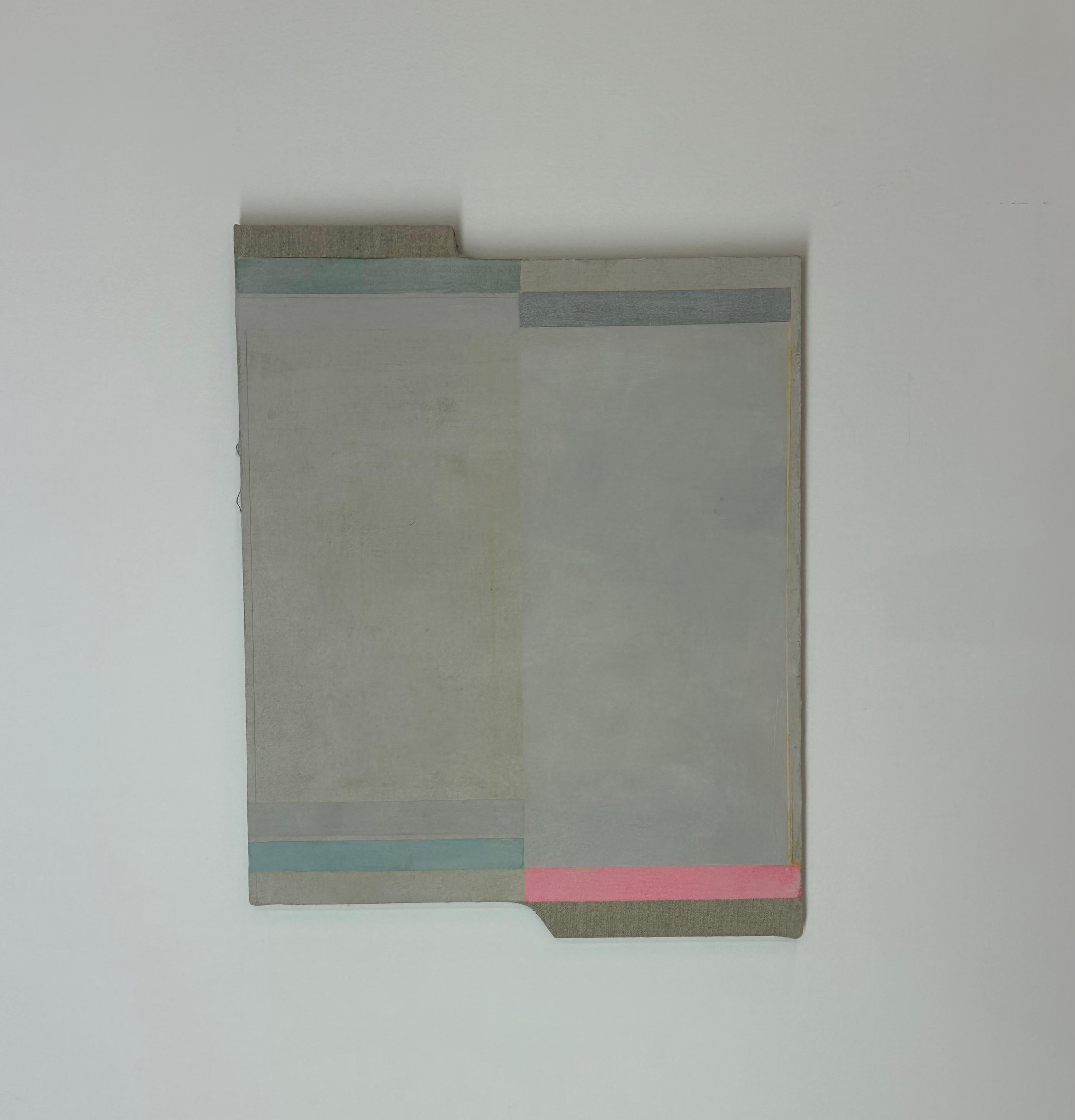 In this contemporary abstract painting in acrylic and graphite on linen mounted on a shaped panel by Elizabeth Gourlay, a pale pink stripe of color is warm against neutral beige gray. Signed, dated and titled on verso.

Elizabeth Gourlay’s work is a