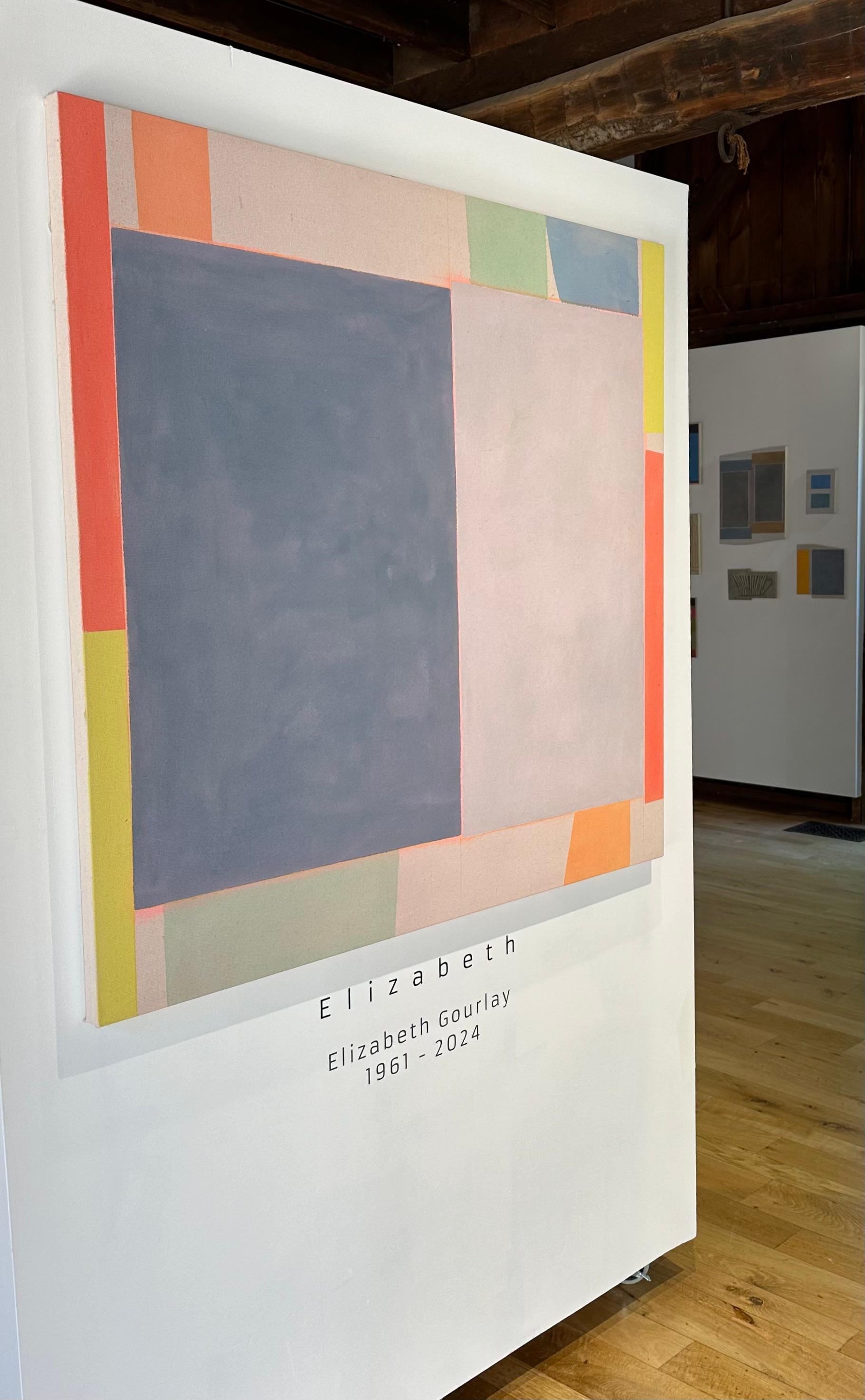 Senza titolo - Astratto geometrico contemporaneo a strisce arancione giallo verde, 2024 - Abstract Painting Grigio di Elizabeth Gourlay