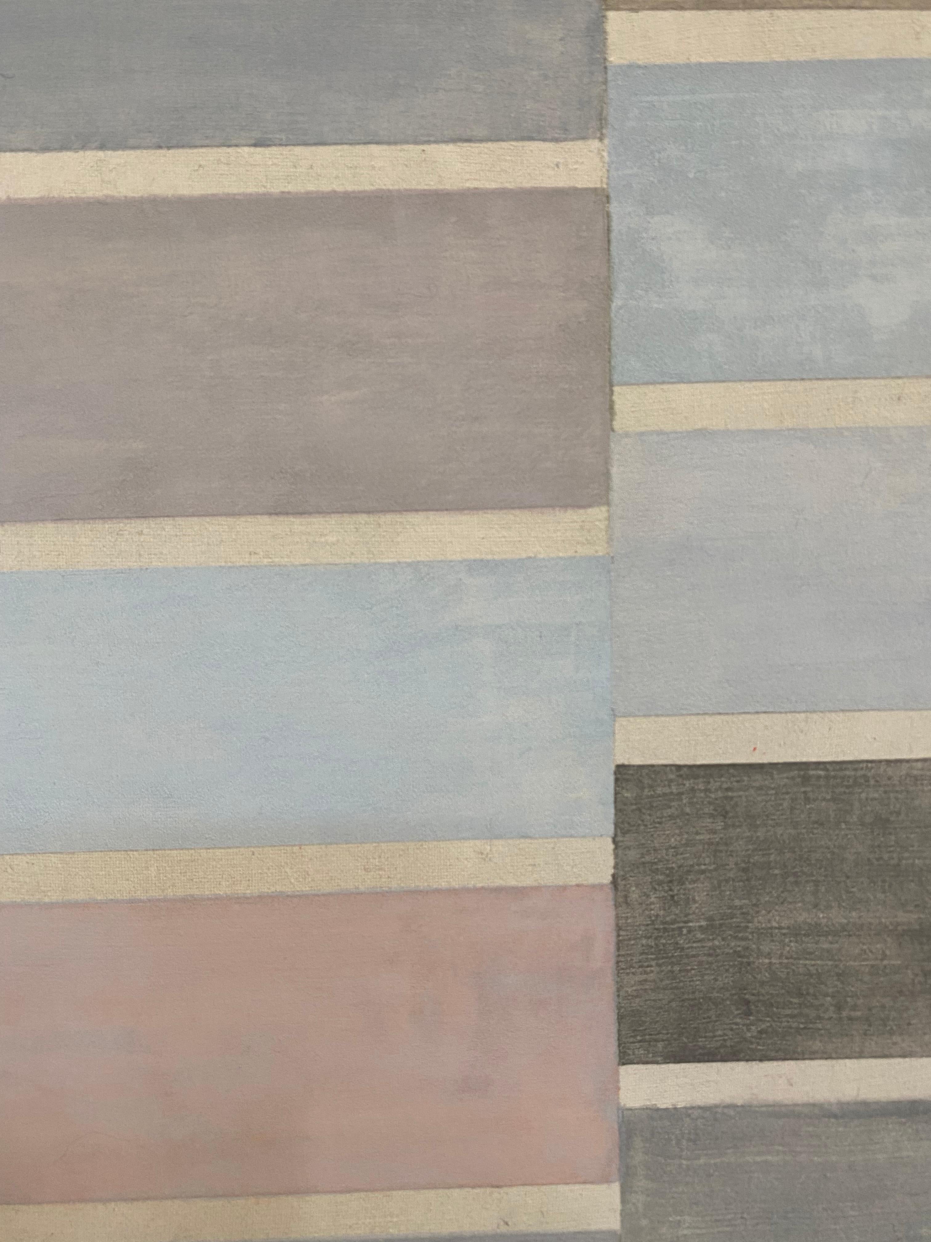 In this abstract painting in acrylic on linen mounted on a shaped panel by Elizabeth Gourlay, carefully ordered horizontal blocks of color in pale gray blue, lavender, dark gray and lilac violet are luminous against thinner neutral sections of