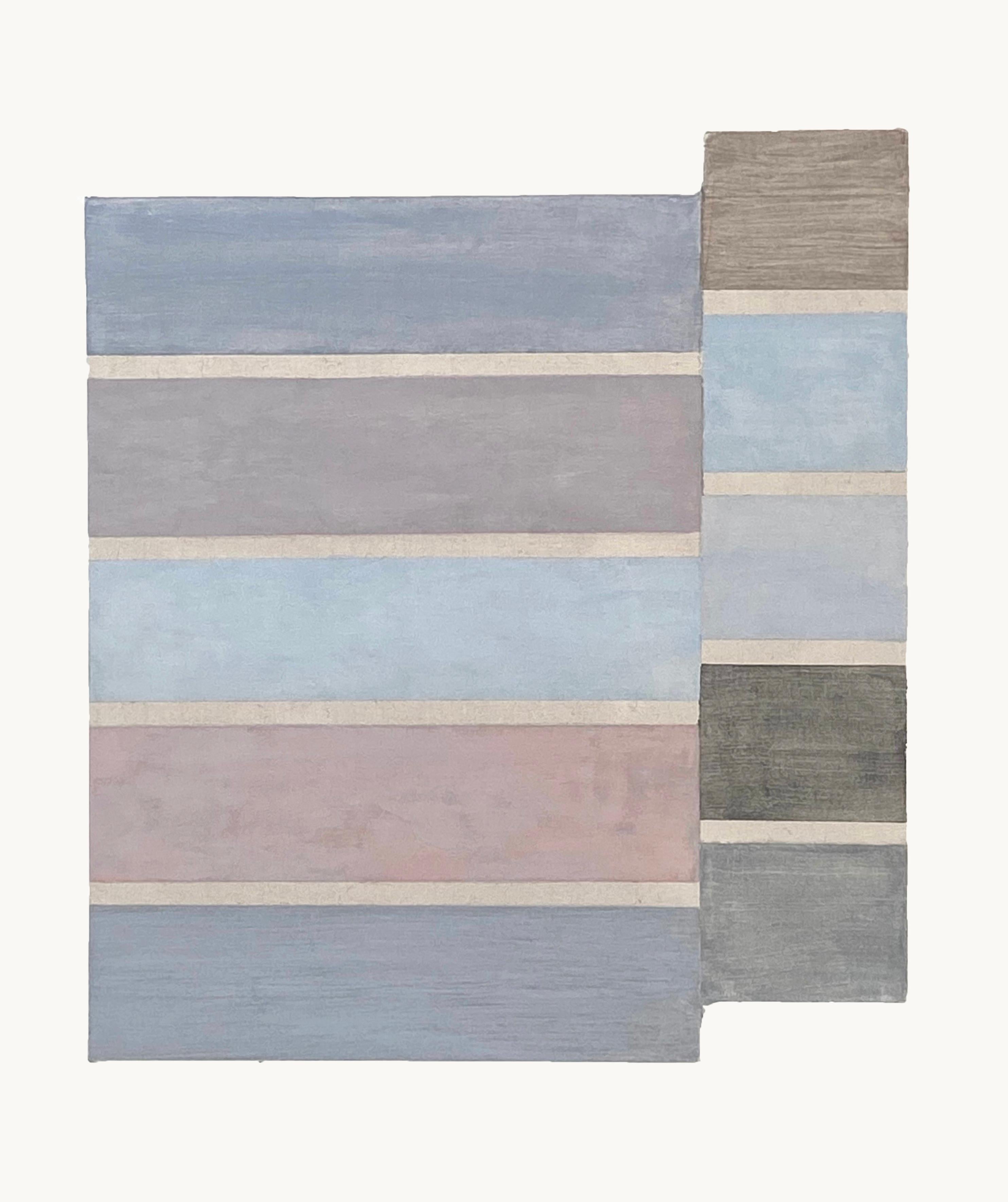 Elizabeth Gourlay Abstract Painting - V30, Abstract, Lavender Violet, Dusty Lilac, Gray Blue Stripes Shaped Panel