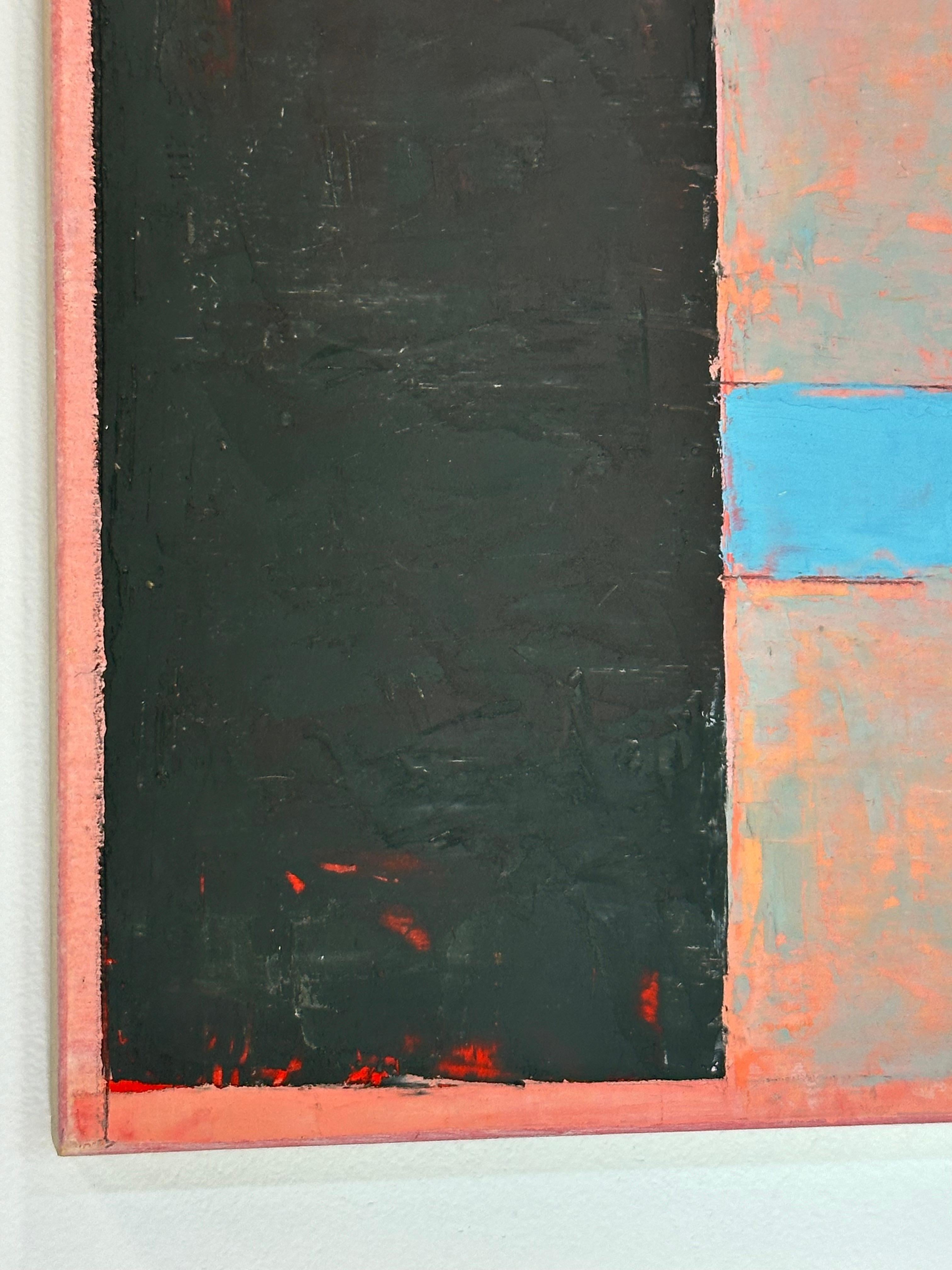 In this abstract painting in oil and graphite on panel by Elizabeth Gourlay, clean and precise, carefully ordered blocks of color in shades of blue are vibrant against a calm, soft salmon peach and dark charcoal gray. Signed on verso.

Elizabeth