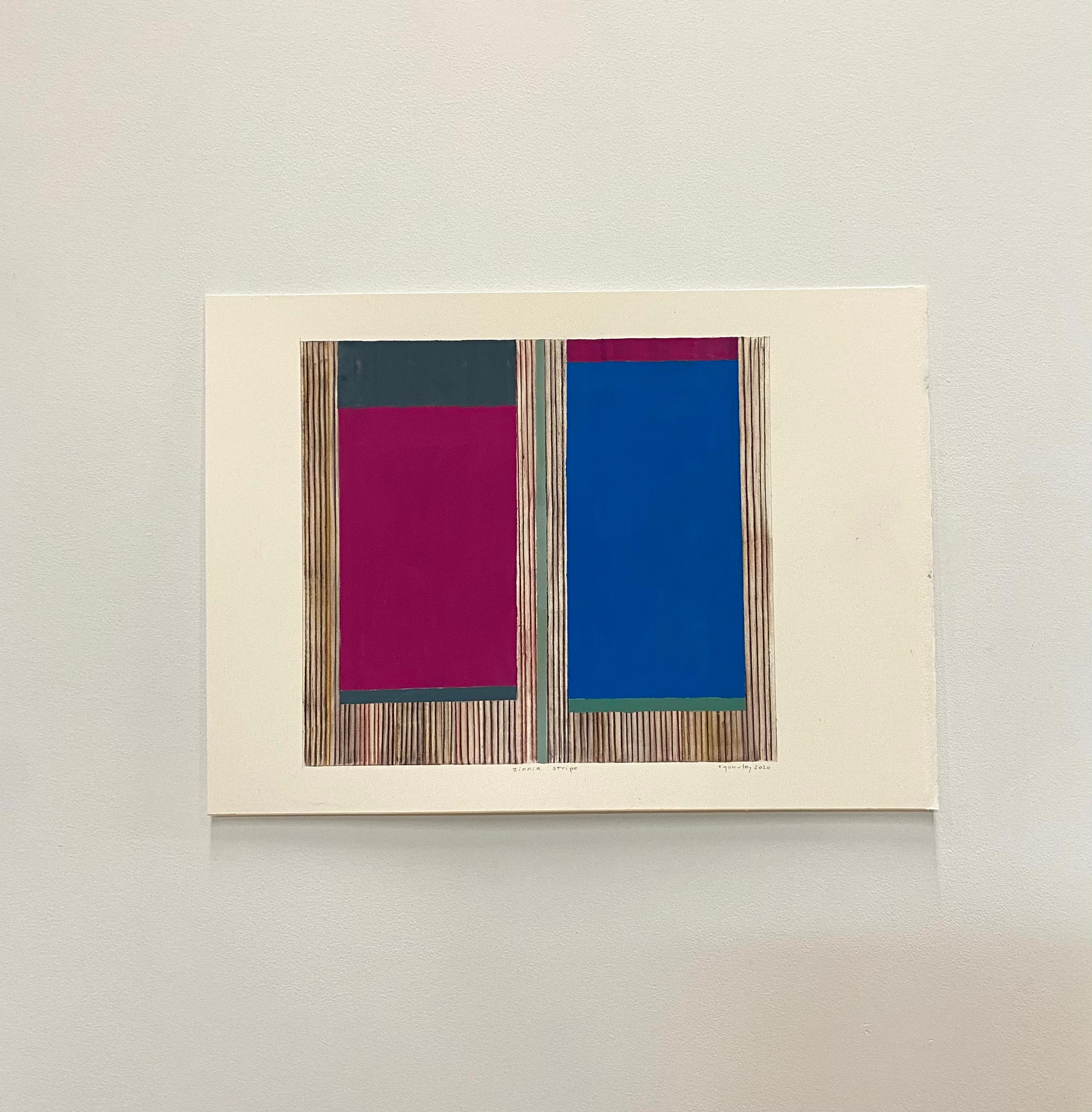 Zinnia-Streifen, Geometrisch Abstrakt, Dunkel- Magenta-rosa, Hell-Lapislazuli-Blau auf Beige – Painting von Elizabeth Gourlay
