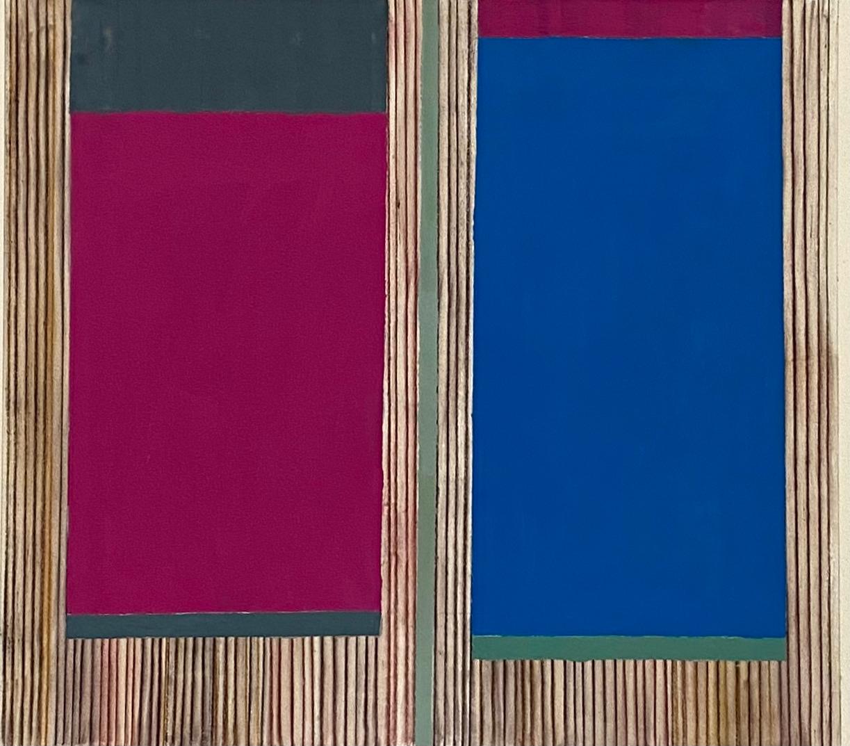 Elizabeth Gourlay Abstract Painting - Zinnia Stripe, Geometric Abstract, Dark Magenta Pink, Bright Lapis Blue on Beige