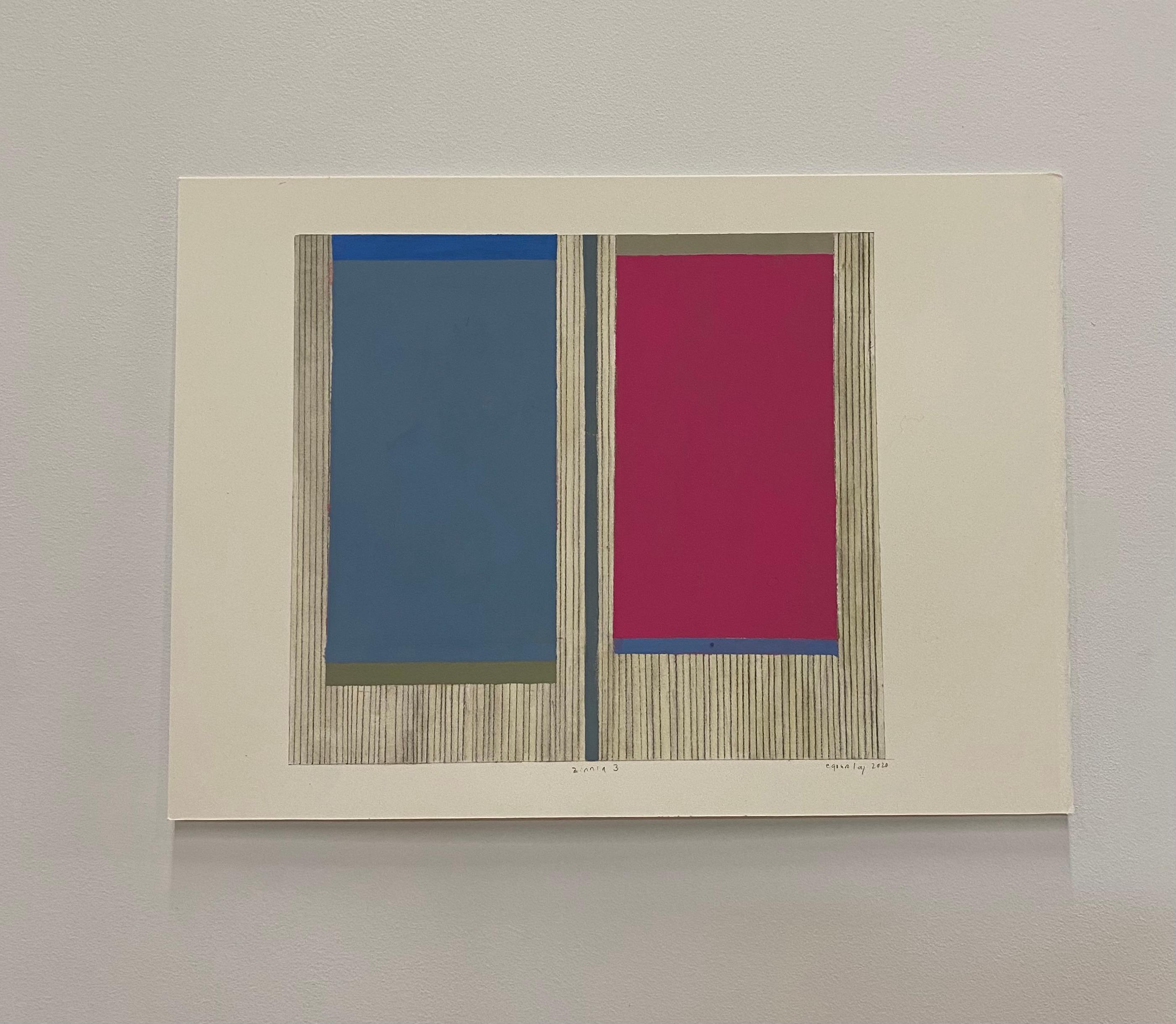 In this abstract painting in colored pencil and gouache on paper by Elizabeth Gourlay, clean and precise, carefully ordered blocks of color in shades of dark magenta pink and bluish gray with thin brown lines are bright and luminous against the