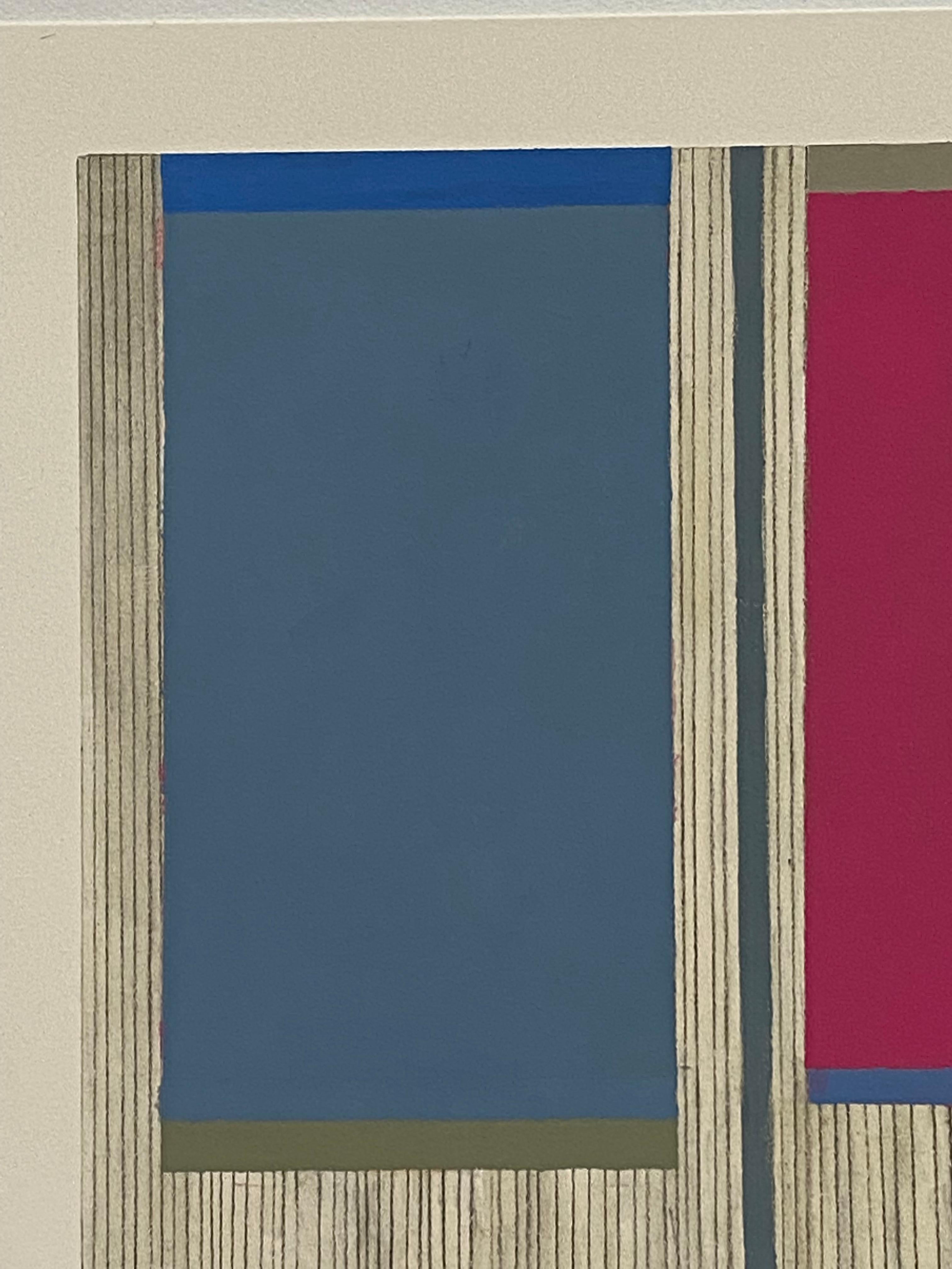 Zinnia Three, Abstract Painting on Paper, Dark Magenta Pink, Gray Blue, Beige 1