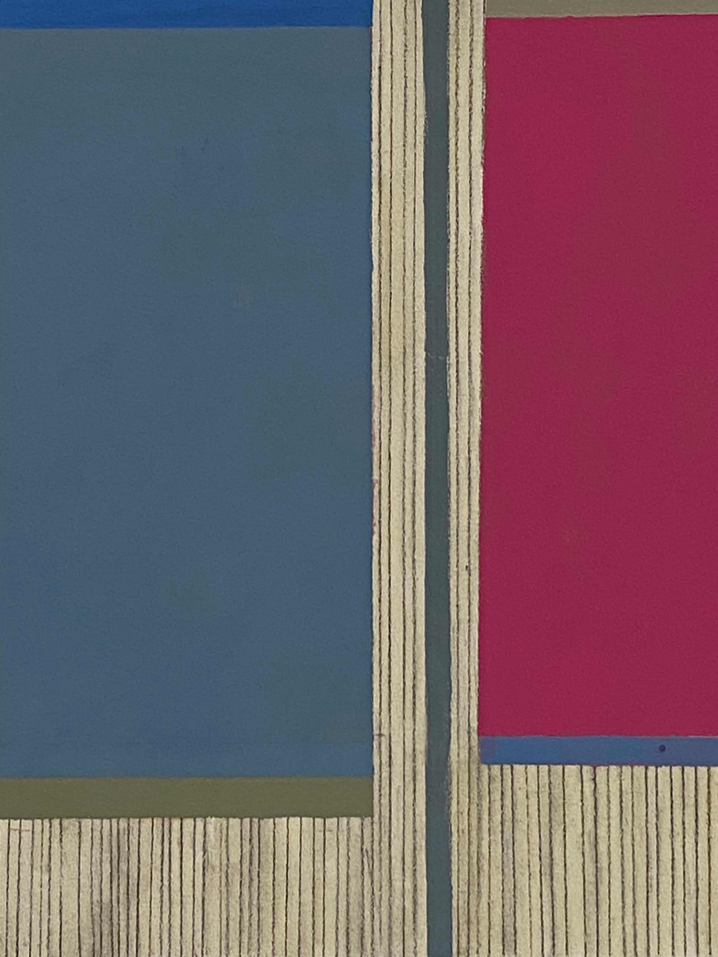 Zinnia Three, Abstract Painting on Paper, Dark Magenta Pink, Gray Blue, Beige 2
