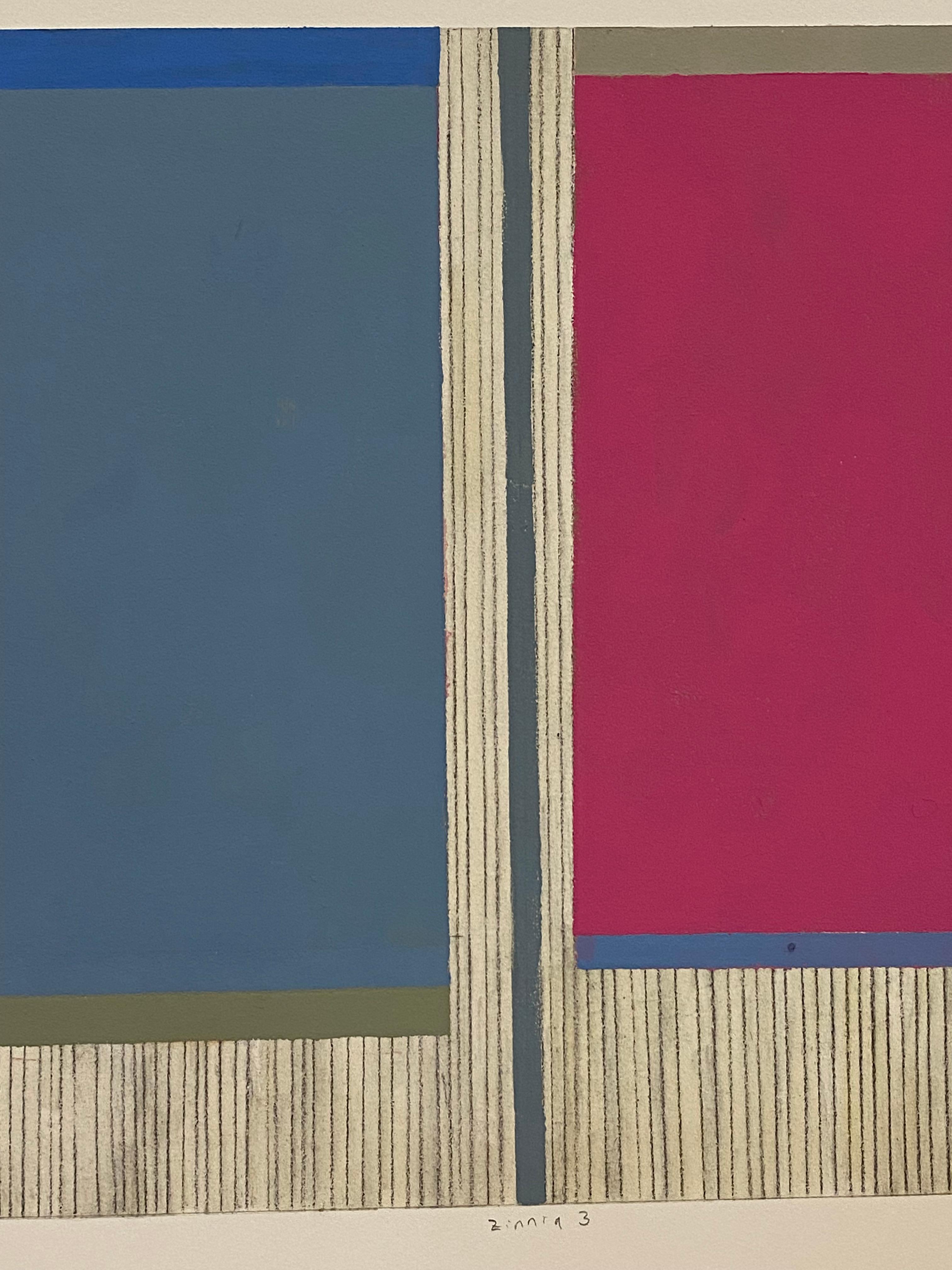 Zinnia Drei, Abstraktes Gemälde auf Papier, Dunkel Magenta Rosa, Grau Blau, Beige 1