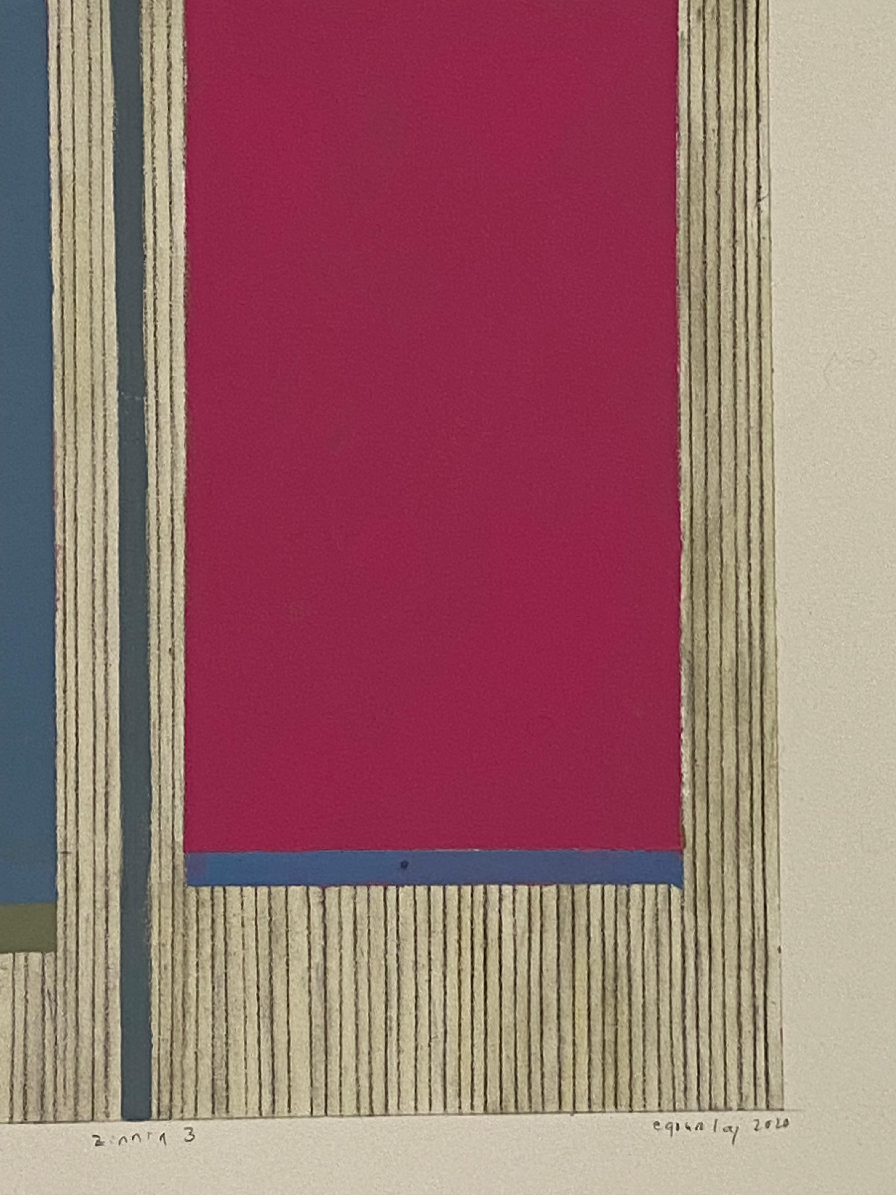 Zinnia Drei, Abstraktes Gemälde auf Papier, Dunkel Magenta Rosa, Grau Blau, Beige 2