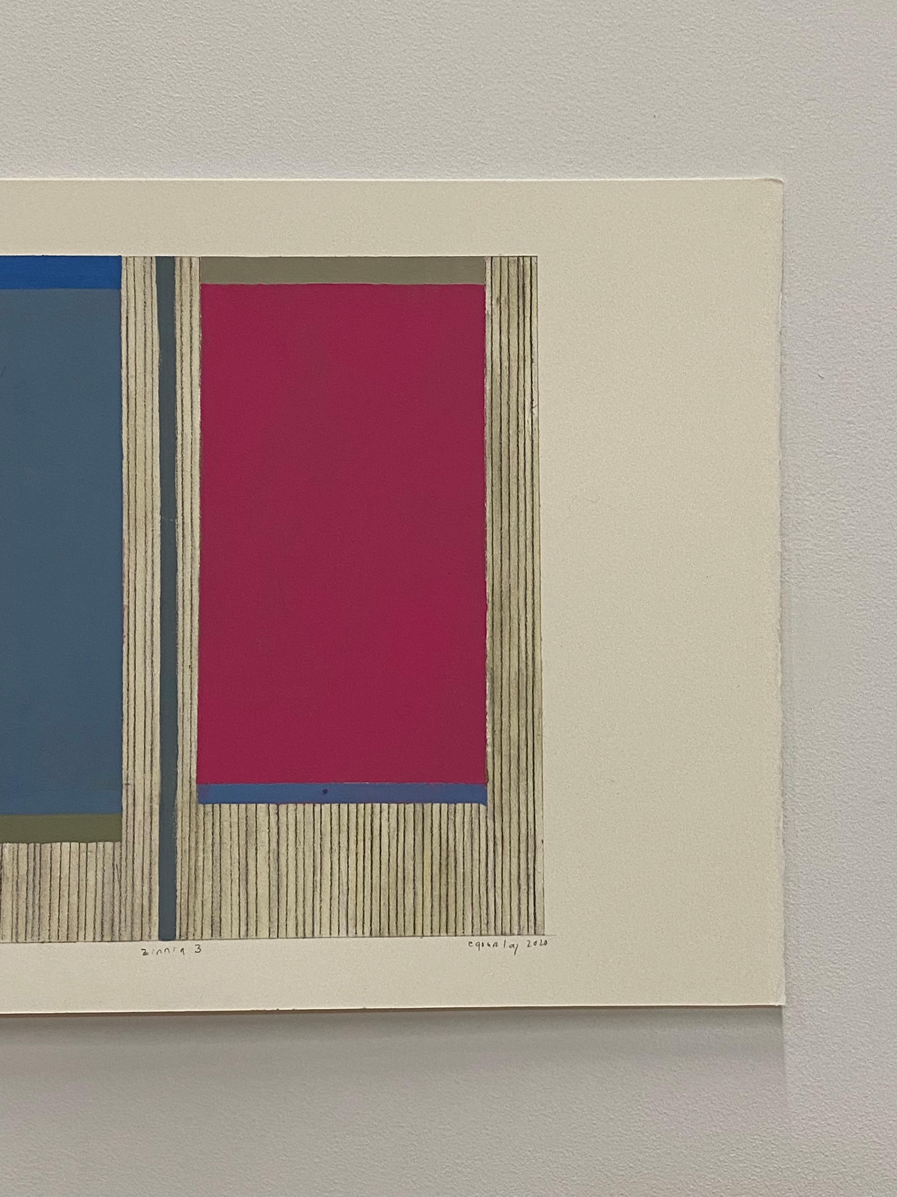 Zinnia Drei, Abstraktes Gemälde auf Papier, Dunkel Magenta Rosa, Grau Blau, Beige 3