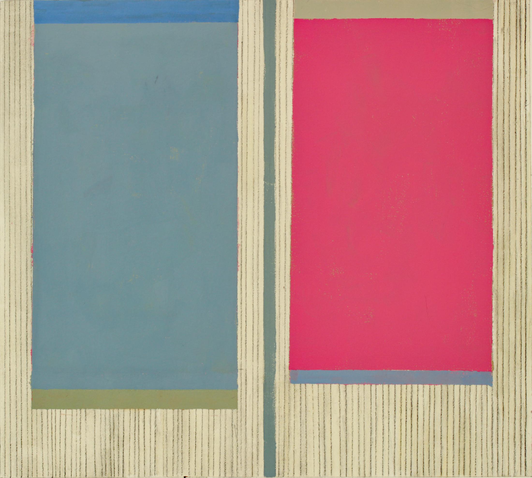 Elizabeth Gourlay Abstract Painting – Zinnia Drei, Abstraktes Gemälde auf Papier, Dunkel Magenta Rosa, Grau Blau, Beige