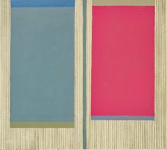 Zinnia Three, Abstract Painting on Paper, Dark Magenta Pink, Gray Blue, Beige