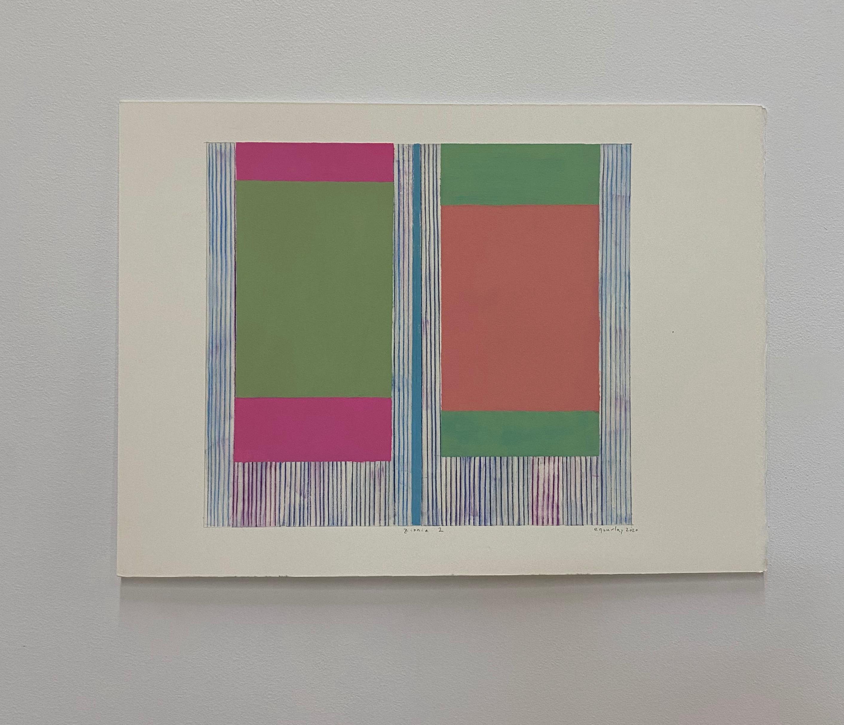Zinnia Zwei, Koralle, Rosa, Hellgrün, Blau, Beige Geometrisches abstraktes Gemälde – Painting von Elizabeth Gourlay