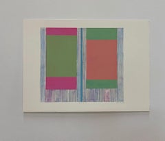 Zinnia Two - Peinture abstraite géométrique aux tons rose corail, vert clair, bleu et beige, 2020
