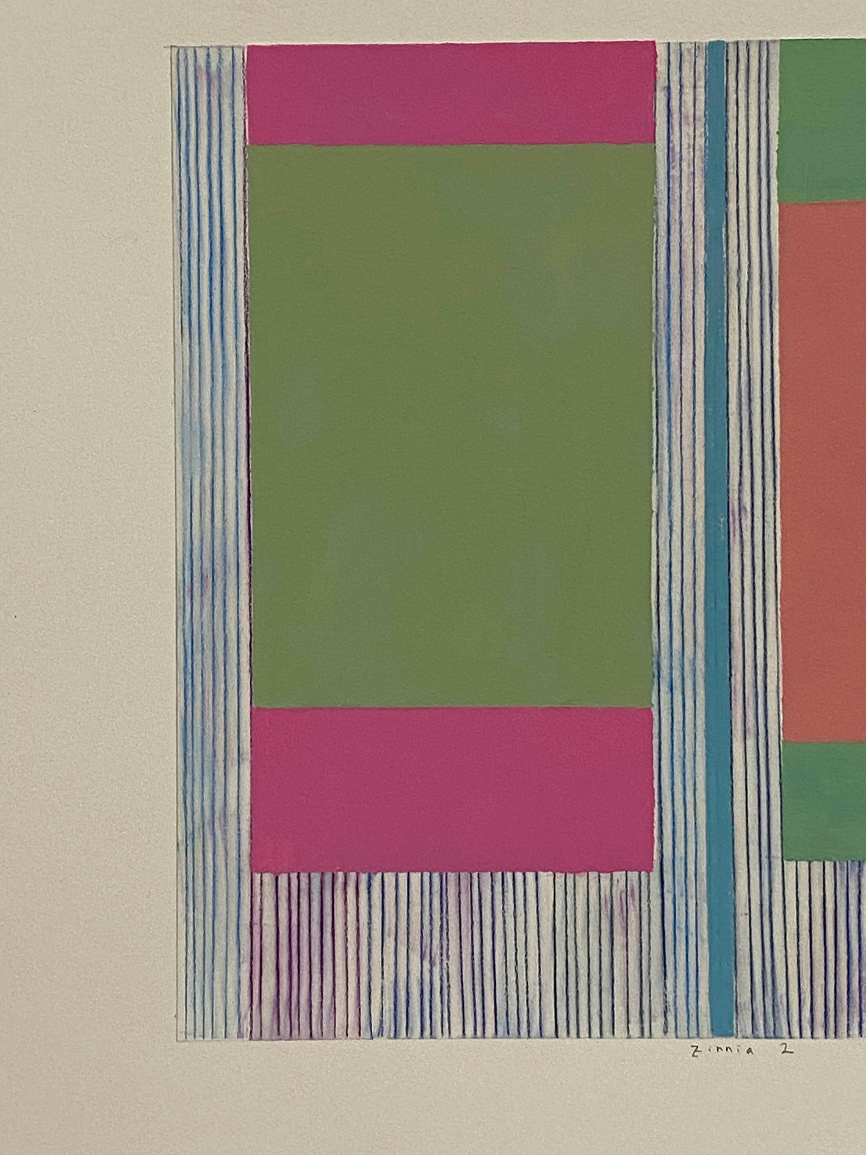 In this painting on paper by Elizabeth Gourlay, clean and precise, carefully ordered blocks of color in shades of hot pink, coral, light green and blue and thin lines in dark blue and violet are bright and luminous against the neutral off-white