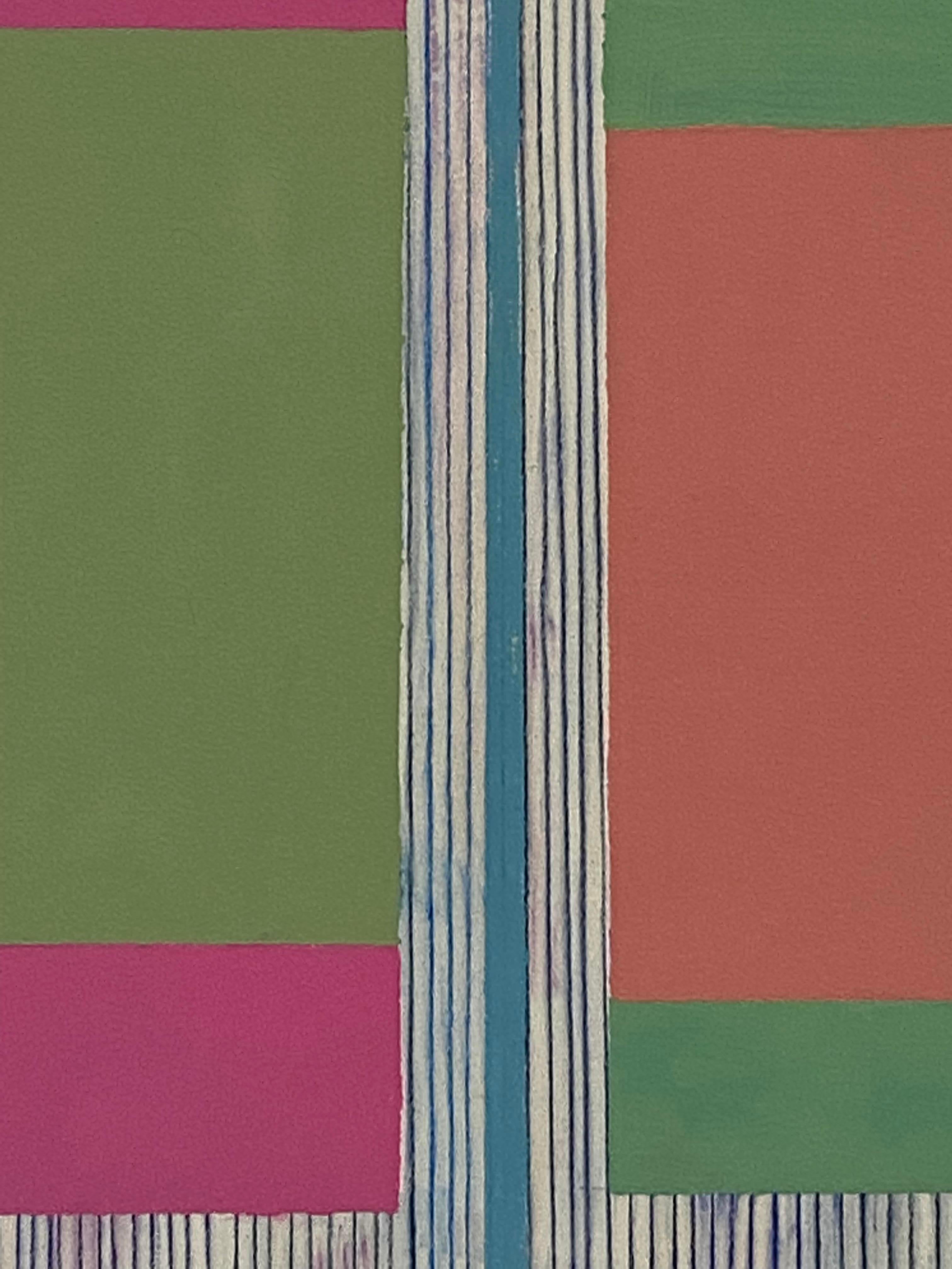 Zinnia Zwei, Koralle, Rosa, Hellgrün, Blau, Beige Geometrisches abstraktes Gemälde 1