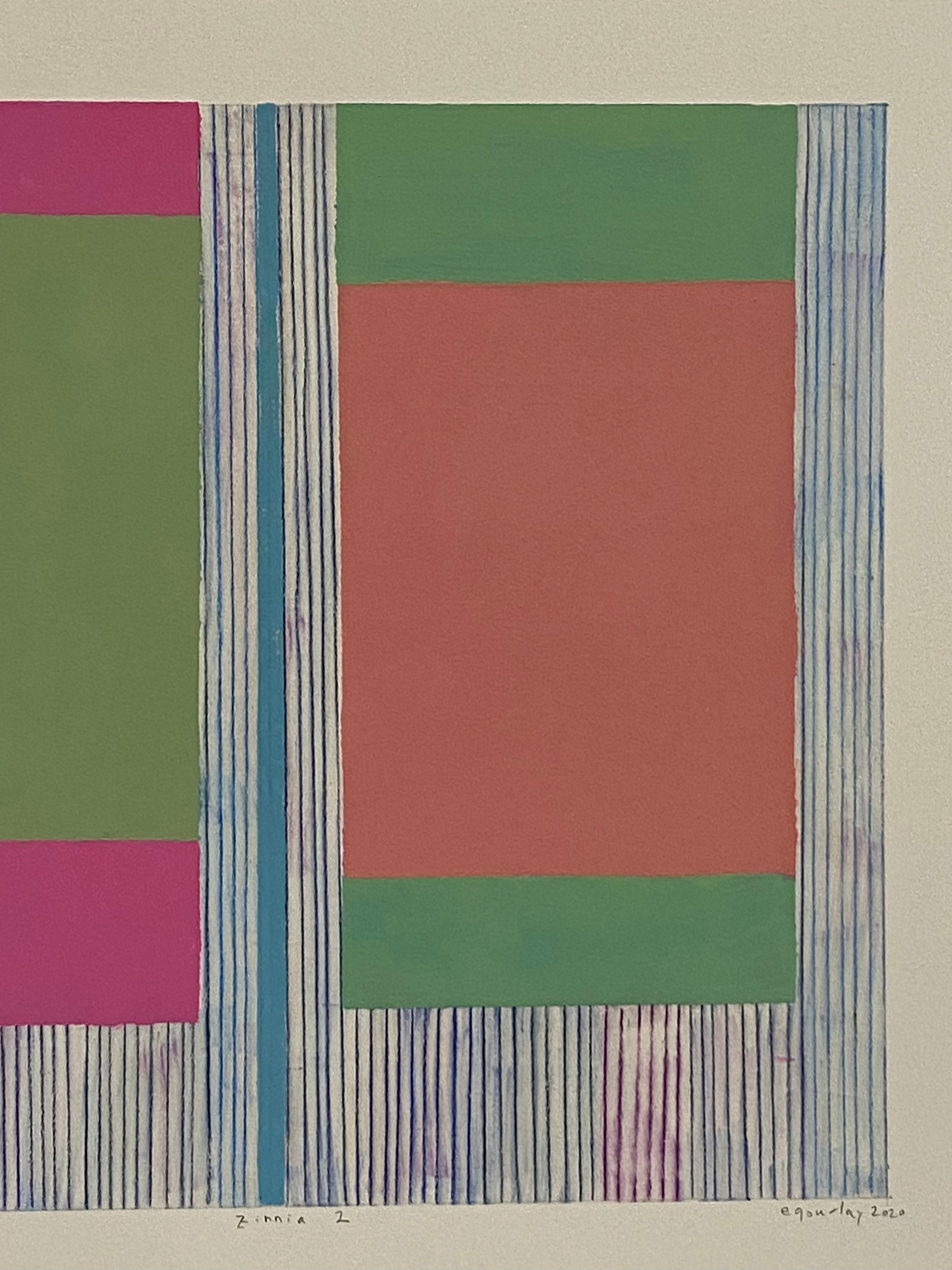 Zinnia Zwei, Koralle, Rosa, Hellgrün, Blau, Beige Geometrisches abstraktes Gemälde 2