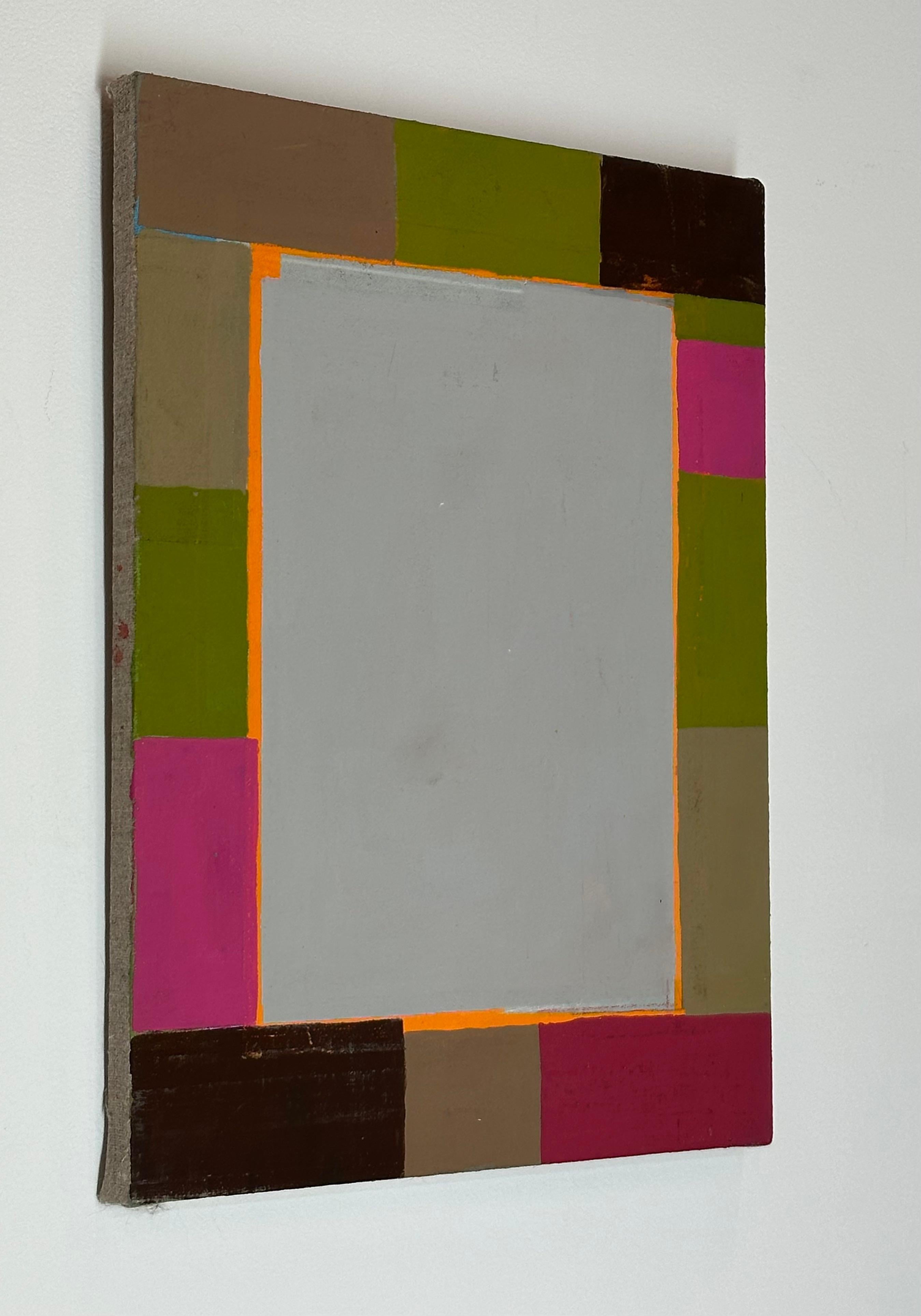 In this abstract painting in acrylic on linen mounted on panel by Elizabeth Gourlay, clean and precise, carefully ordered blocks of color in shades of magenta pink and green with hints of bright orange are vibrant against a calm, neutral beige and