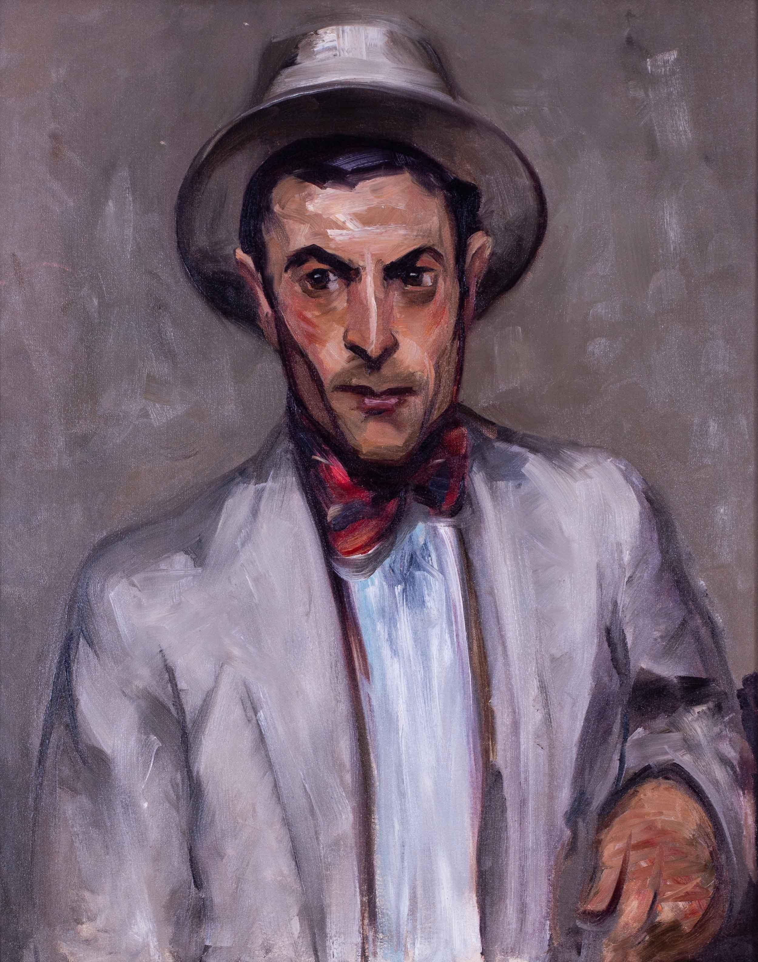 Retrato americano, 1912, de un hombre con corbata roja, obra de la artista Elizabeth Grandin en venta 1