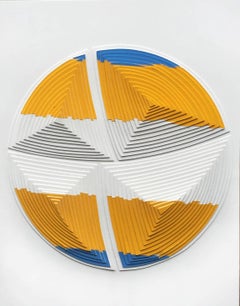 Tableau de musée à rayures bleues et jaunes, découpe à la main libre avec écaille surdimensionnée, 2 épaisseurs