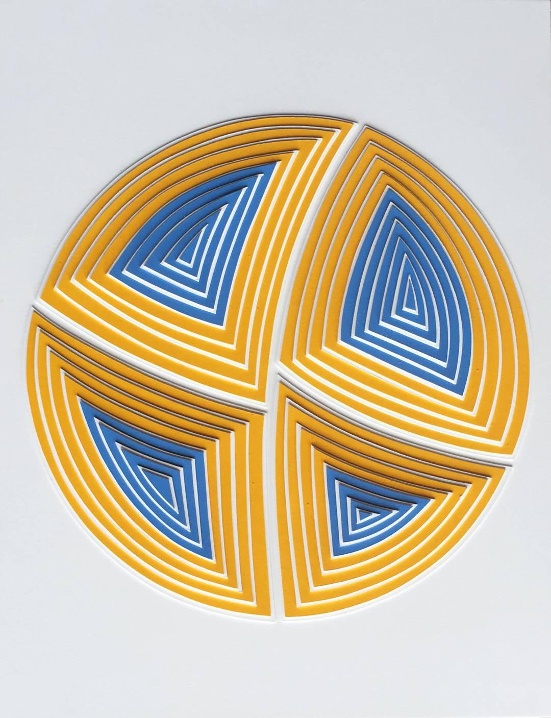 Freehand Cut with Surgical Scalpel: 'Yellow & Blue Circle-In' - Painting by Elizabeth Gregory-Gruen