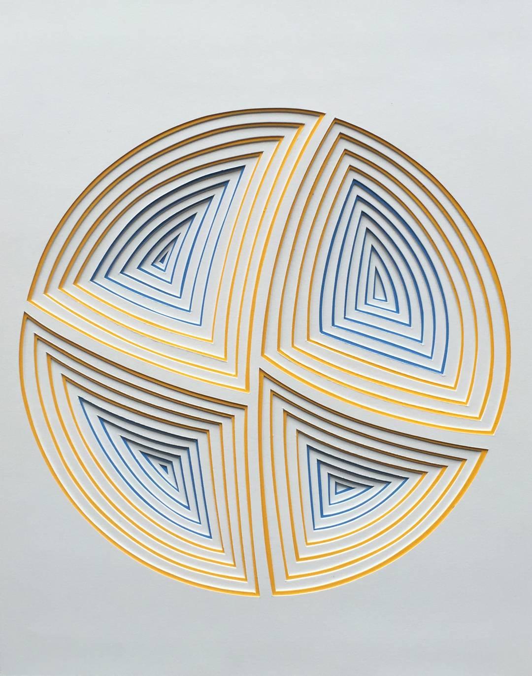 Elizabeth Gregory-Gruen Abstract Painting - Freehand Cut with Surgical Scalpel: 'Yellow & Blue Circle-In'