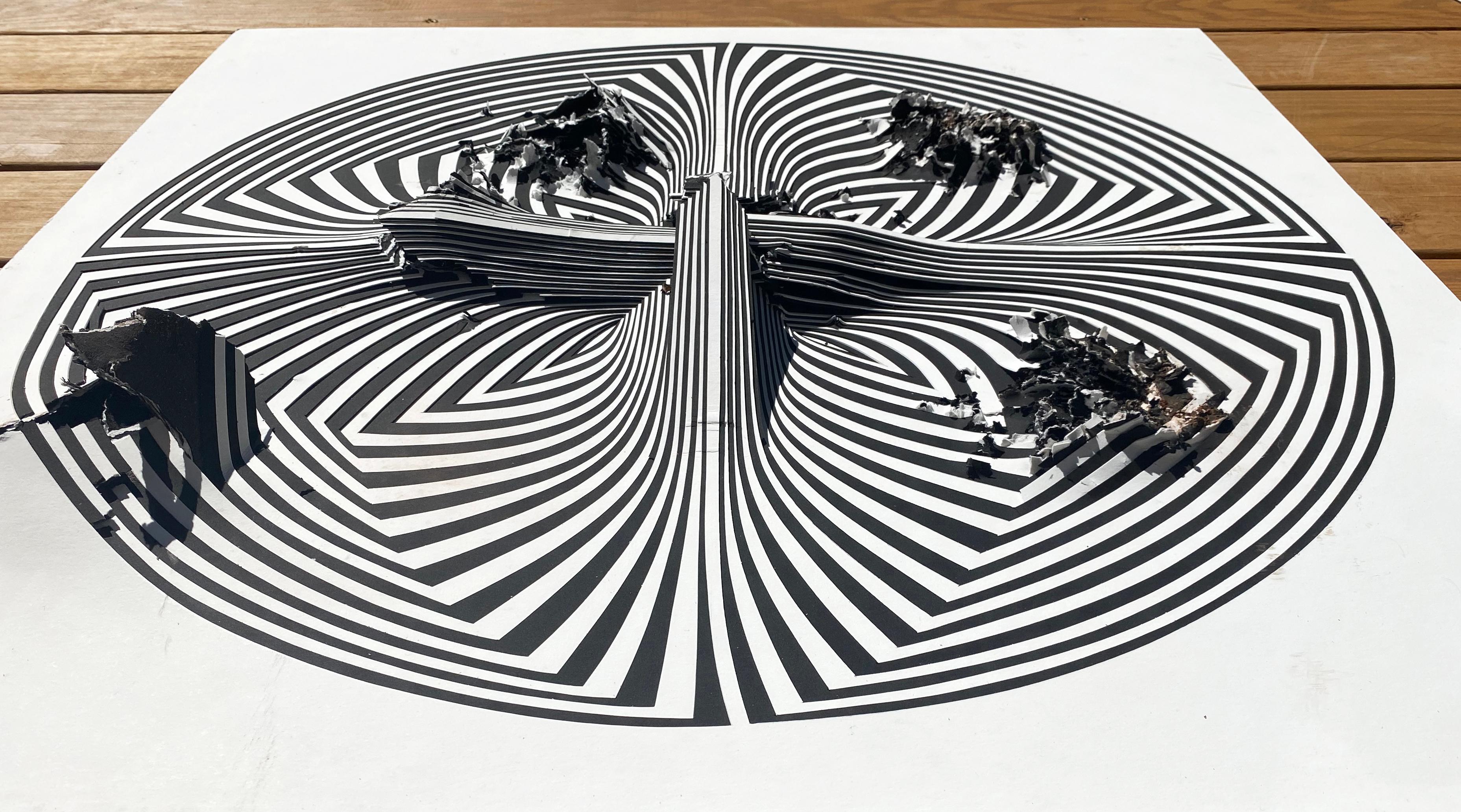 Tablero de museo cortado de 2 capas, escultura mural abstracta: Disparo en blanco y negro en venta 1