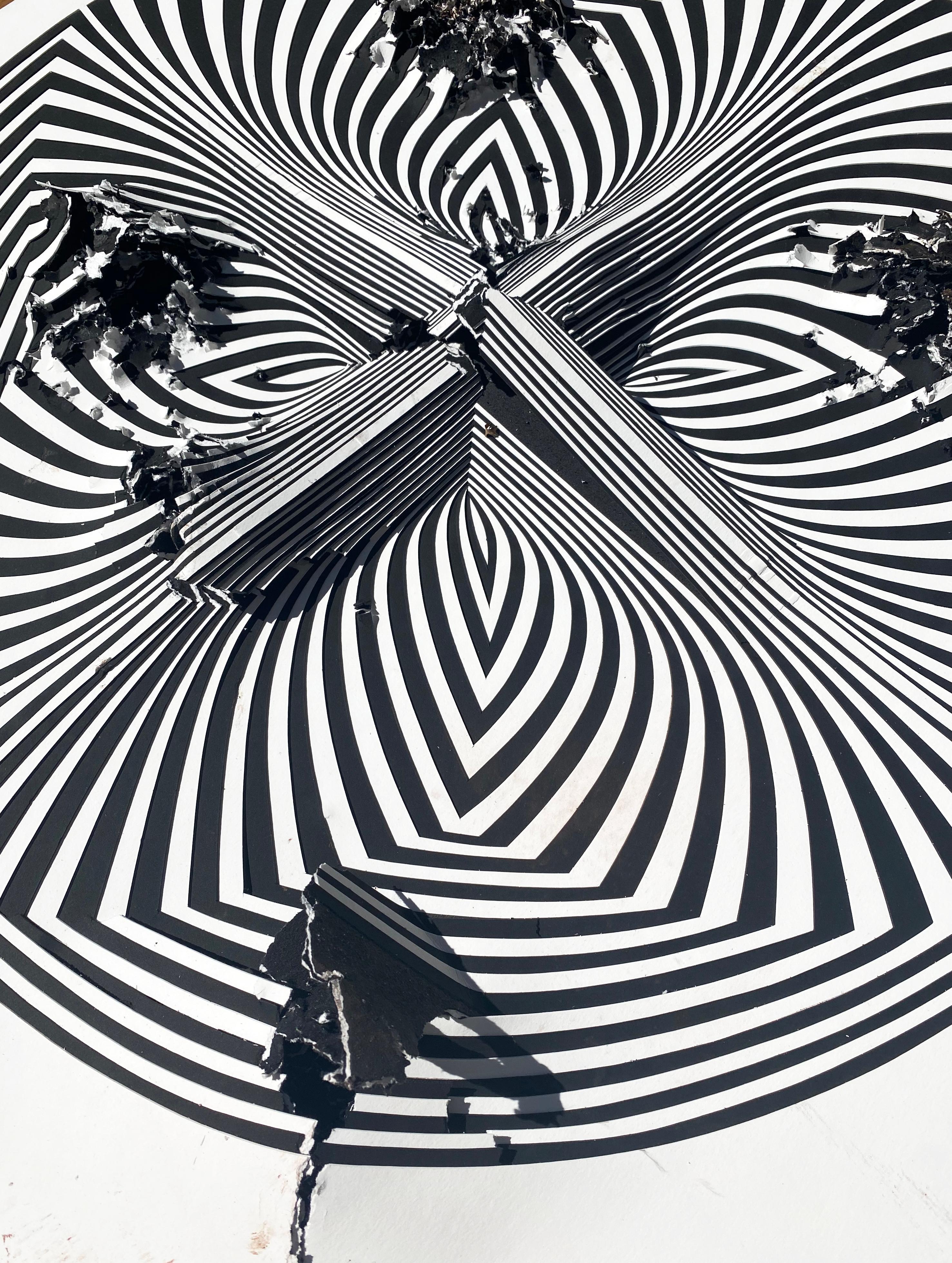 Tablero de museo cortado de 2 capas, escultura mural abstracta: Disparo en blanco y negro en venta 2