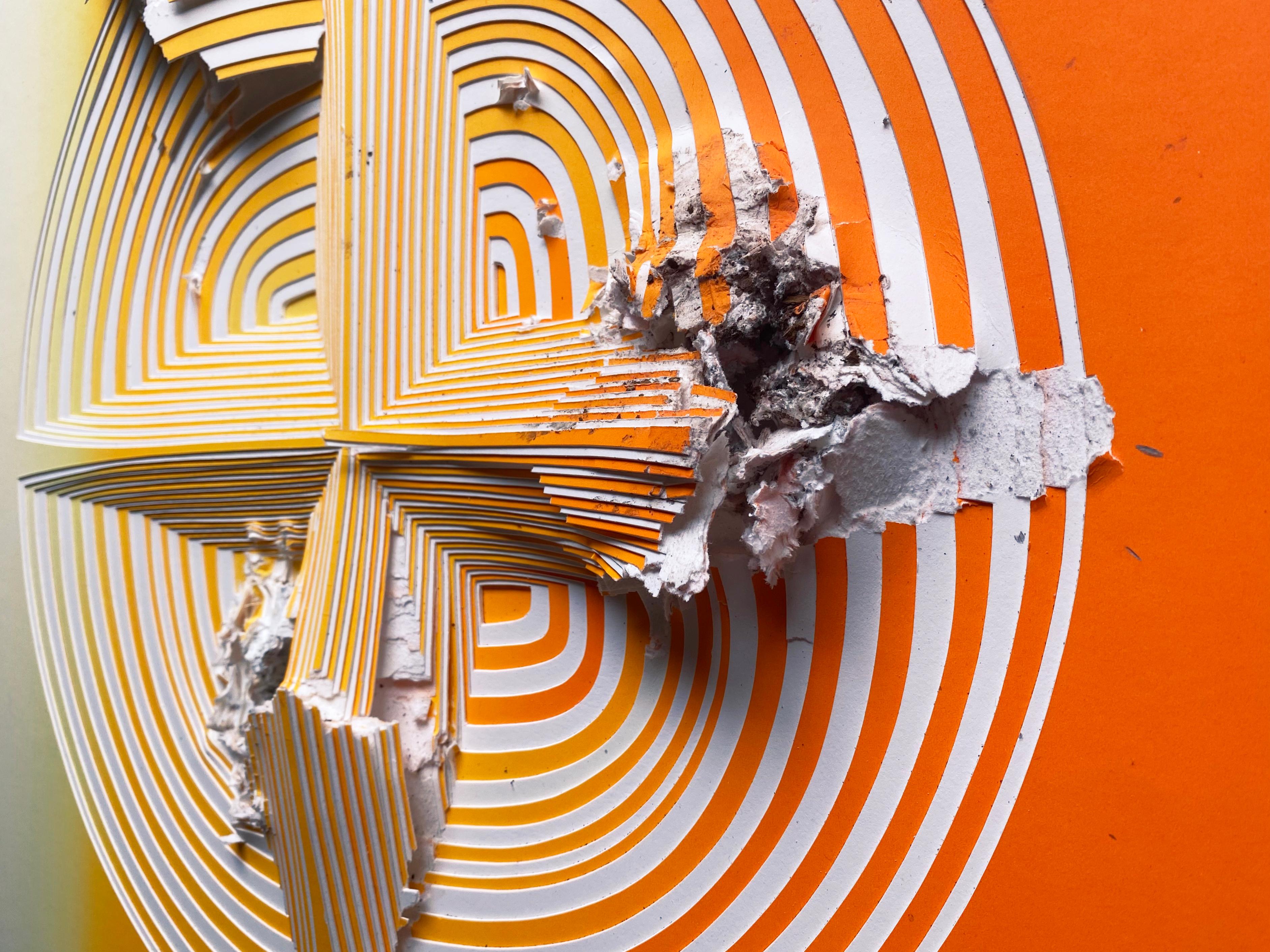 Cut 2 ply museum board, abstract wall sculpture: 'Orange & White Gunshot' - Contemporary Painting by Elizabeth Gregory-Gruen