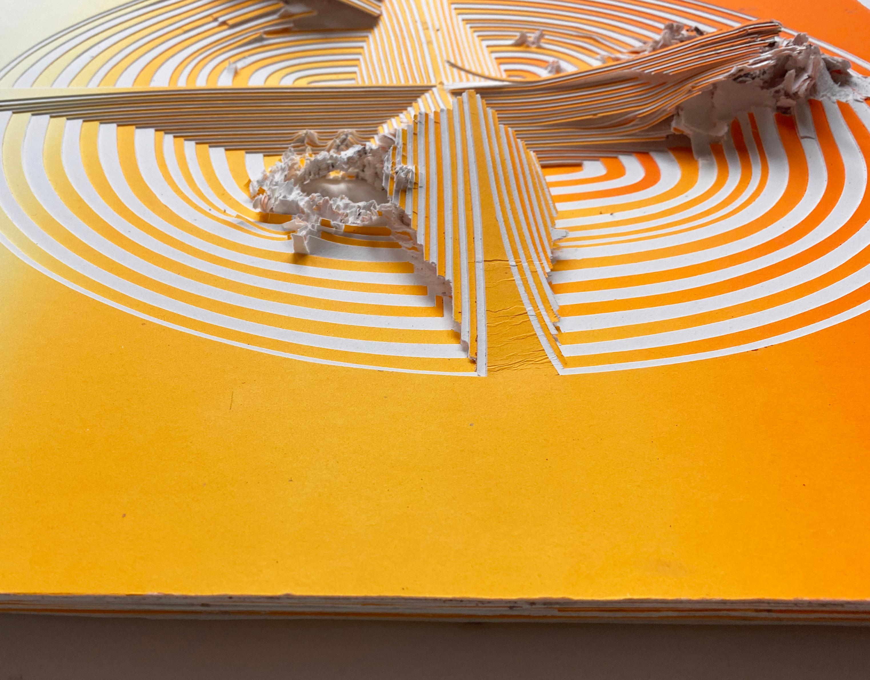 Cut 2 ply museum board, abstract wall sculpture: 'Orange & White Gunshot' For Sale 1