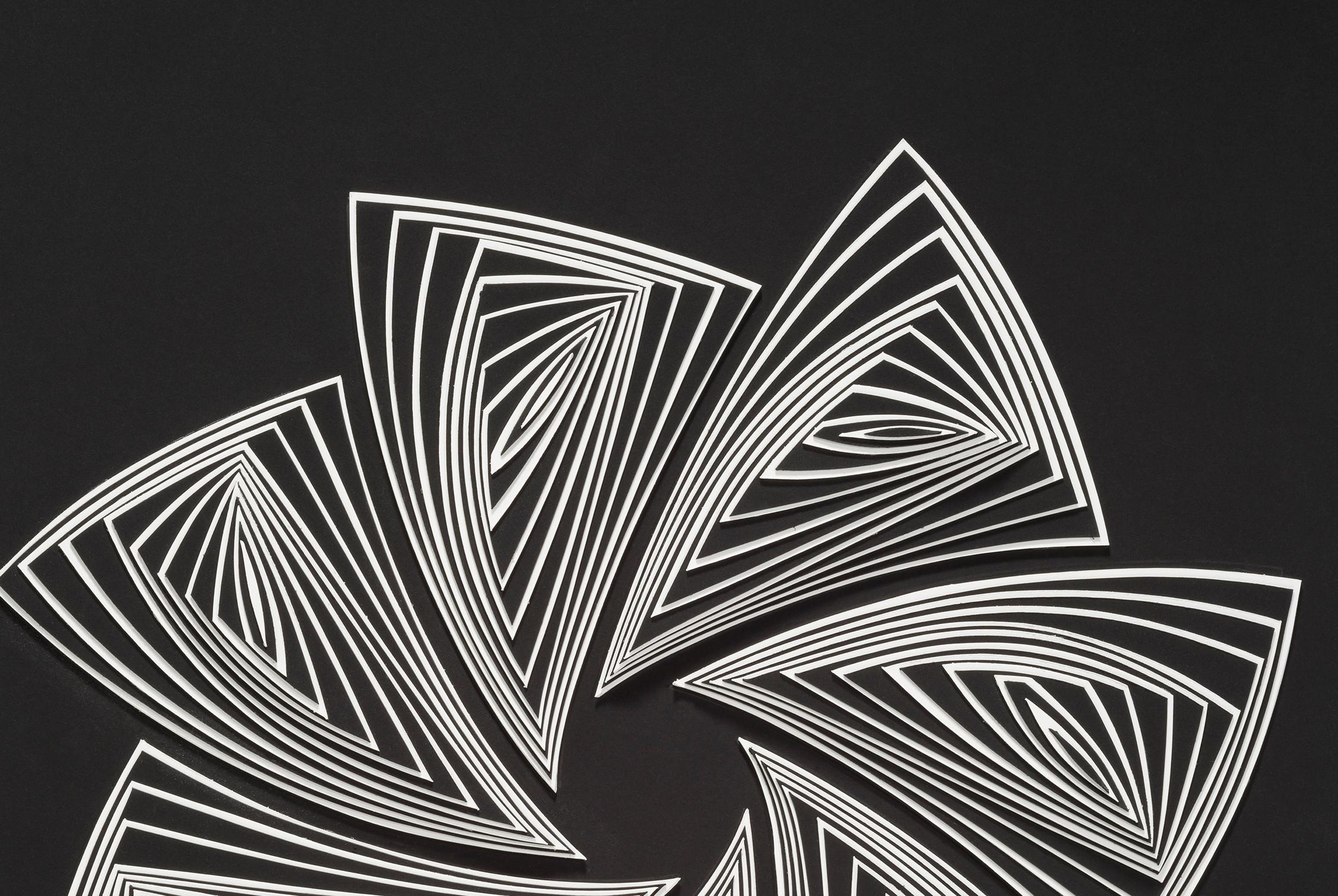 La série Cut Work d'Elizabeth Gruen est un processus de découpage de papier à main levée qui trace les contours de notre expérience émotionnelle en constante évolution à travers le mouvement de la forme, de la ligne et de la couleur. 

 En utilisant